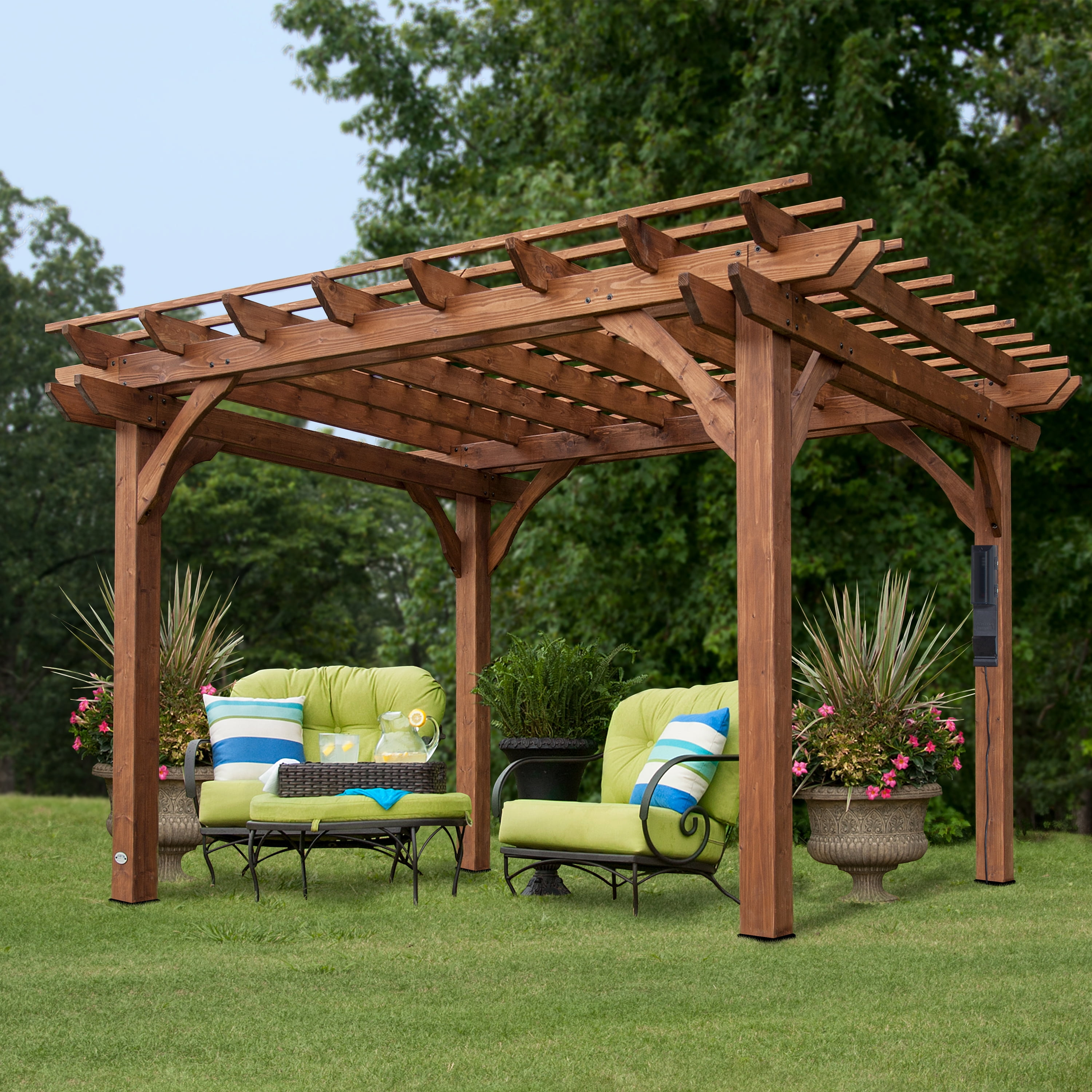 Backyard Discovery Beaumont 12'x10' Cedar Wood Patio Pergola Kit, Trellis Roof, PowerPort