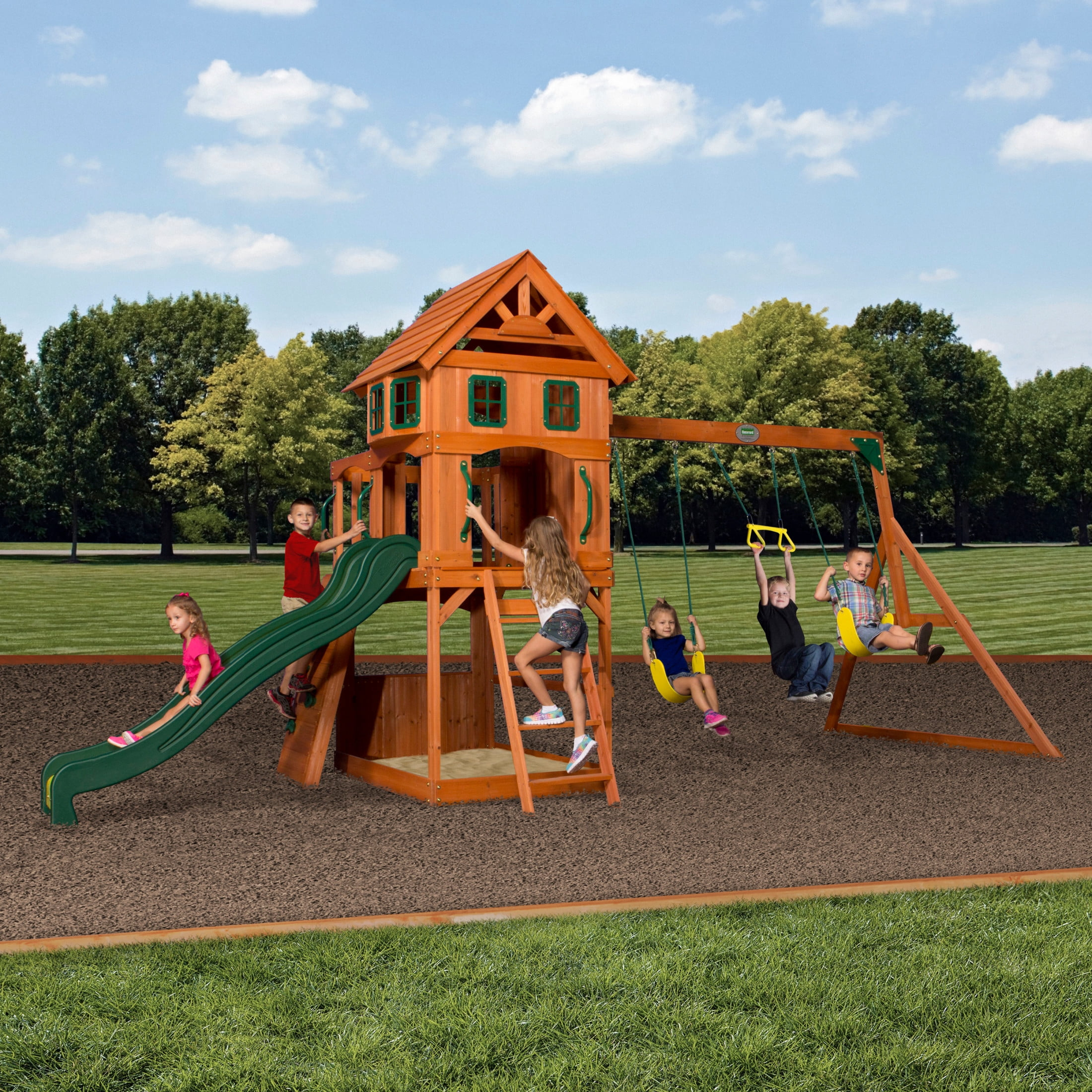 Backyard Discovery Atlantis Cedar Wood Swing Set, Wave Slide, Clubhouse, Rock Wall
