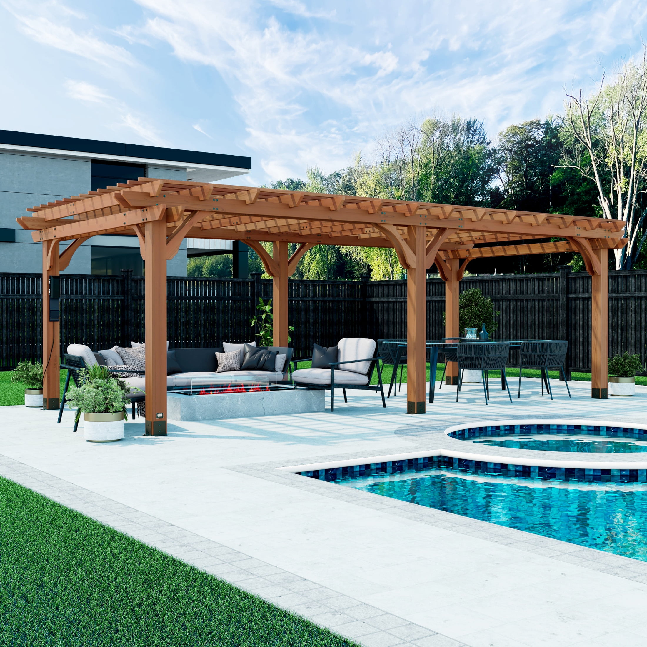 Backyard Discovery Beaumont 24'x12' Cedar Wood Patio Pergola Kit, Trellis Roof, PowerPort