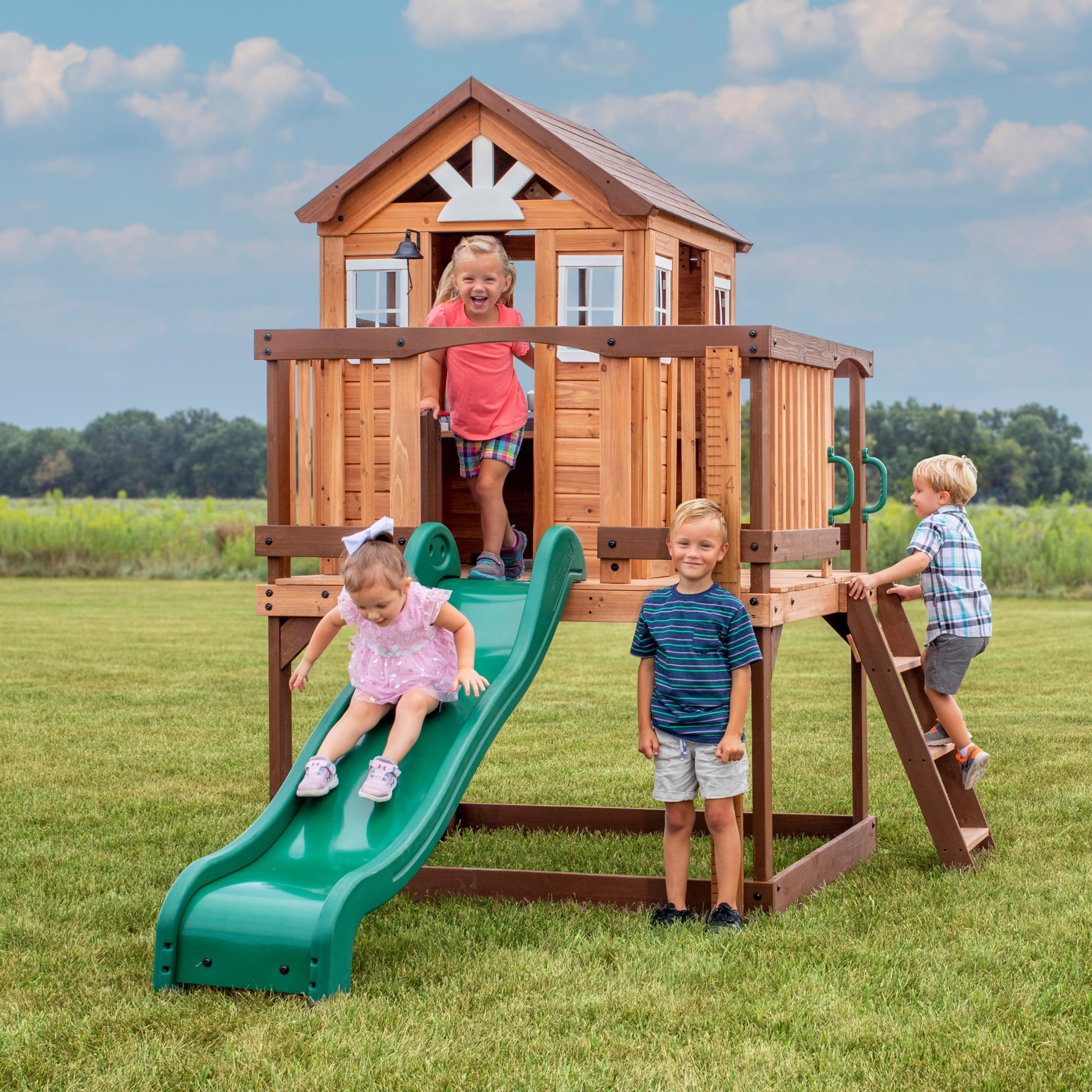 Backyard Discovery Echo Heights Cedar Wooden Elevated Playhouse, Slide, Play Kitchen