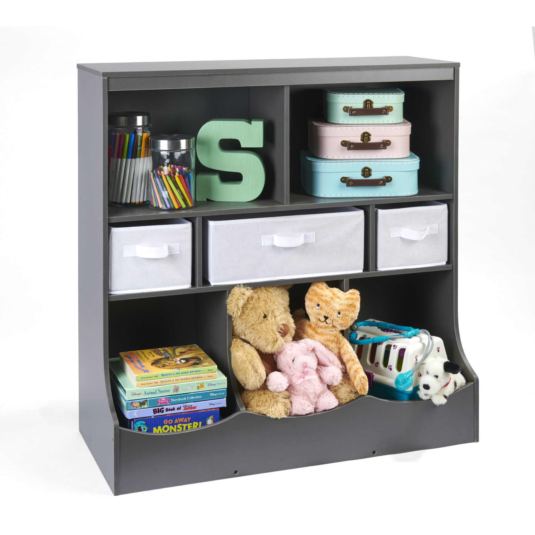Badger Basket Combo Bin Wood Toy Storage Organizer with Three Baskets 8.6 Cu ft. - Charcoal