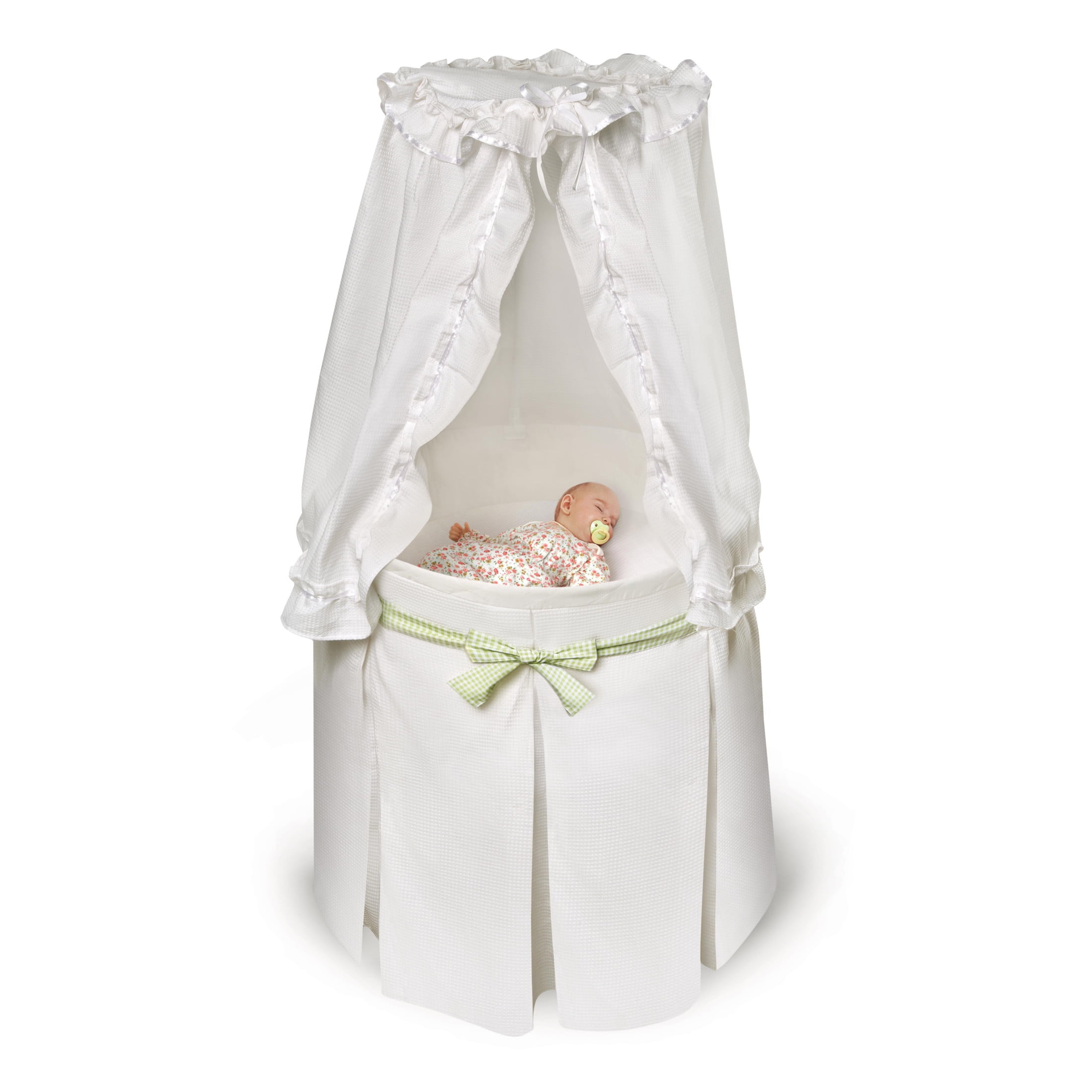 Badger Basket Empress Round Baby Bassinet with Canopy - White Bedding with Gingham Belts