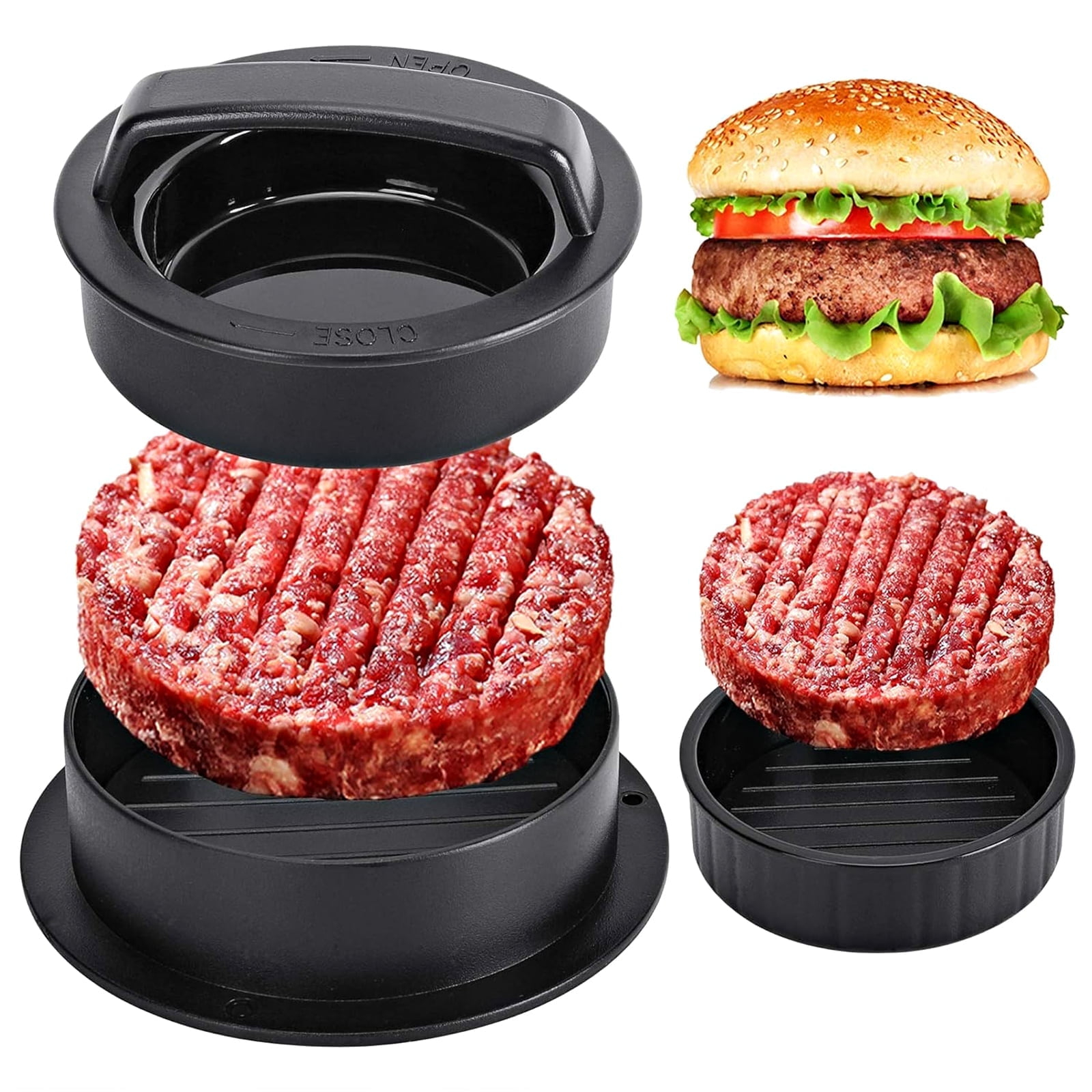Badiano Hamburger Press Patty Maker, Burger Press, 3 in 1 Meat Beef Veggie Hamburger Mold, Black