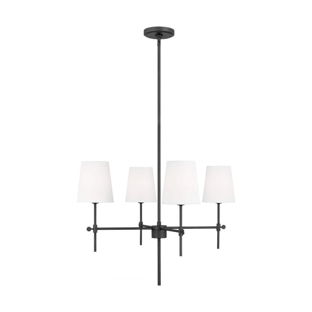 Baker 4-Light Midnight Black Hanging Chandelier With White Linen Fabric Shades