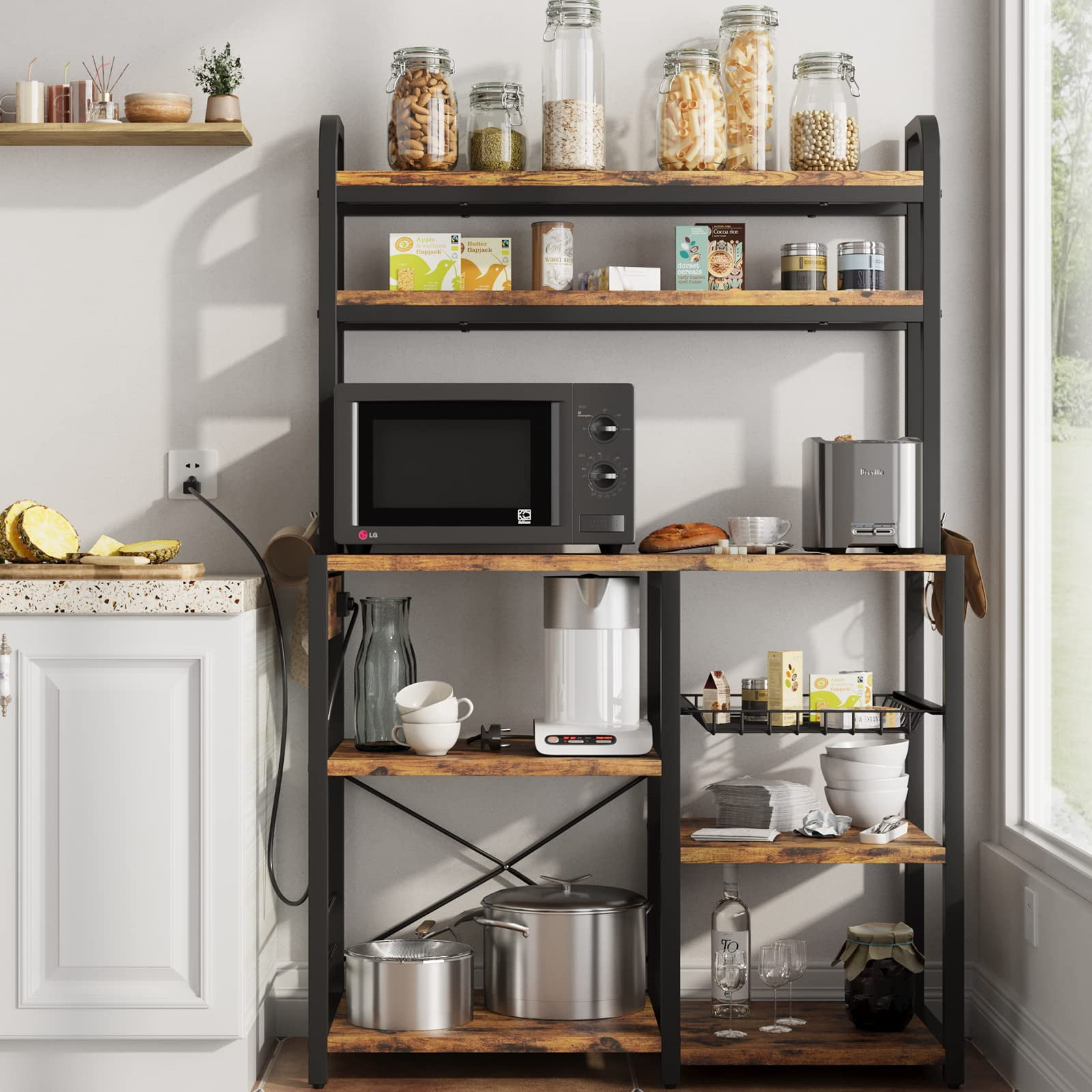 Tookss Bakers Rack with Power Outlet, Coffee Bar with Wire Drawer, Microwave Stand, Kitchen Buffet Table with Large Storage, 6-Tier Kitchen Storage Rack with Hutch for Dining, Living Room