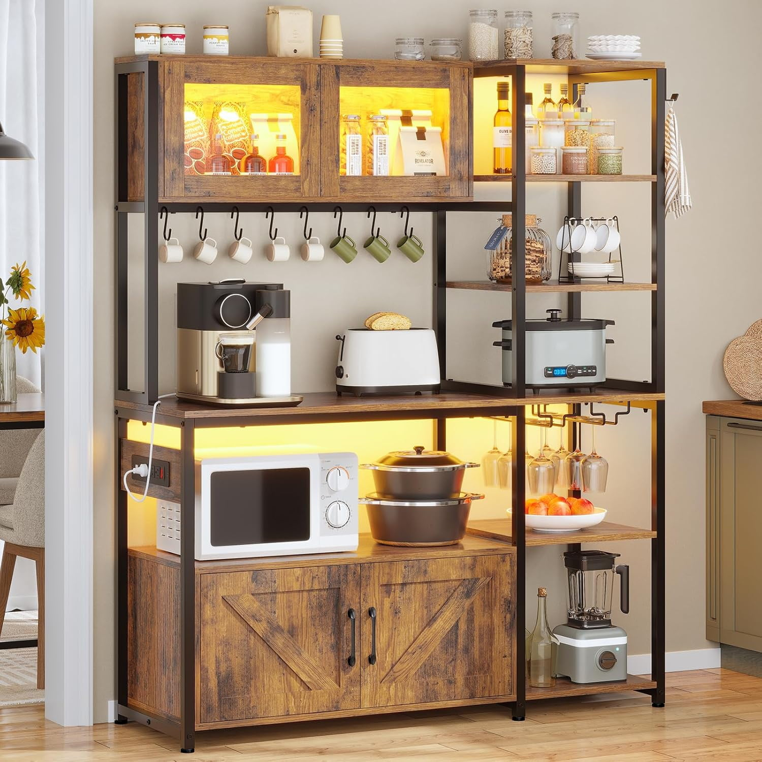 Bakers Rack with Power Outlet and LED Light, 45.3 Inch Farmhouse Coffee Bar Cabinet, Kitchen Microwave Stand with Storage, Glass Cabinet, Goblet Holder and 8 Hooks (Rustic Brown)