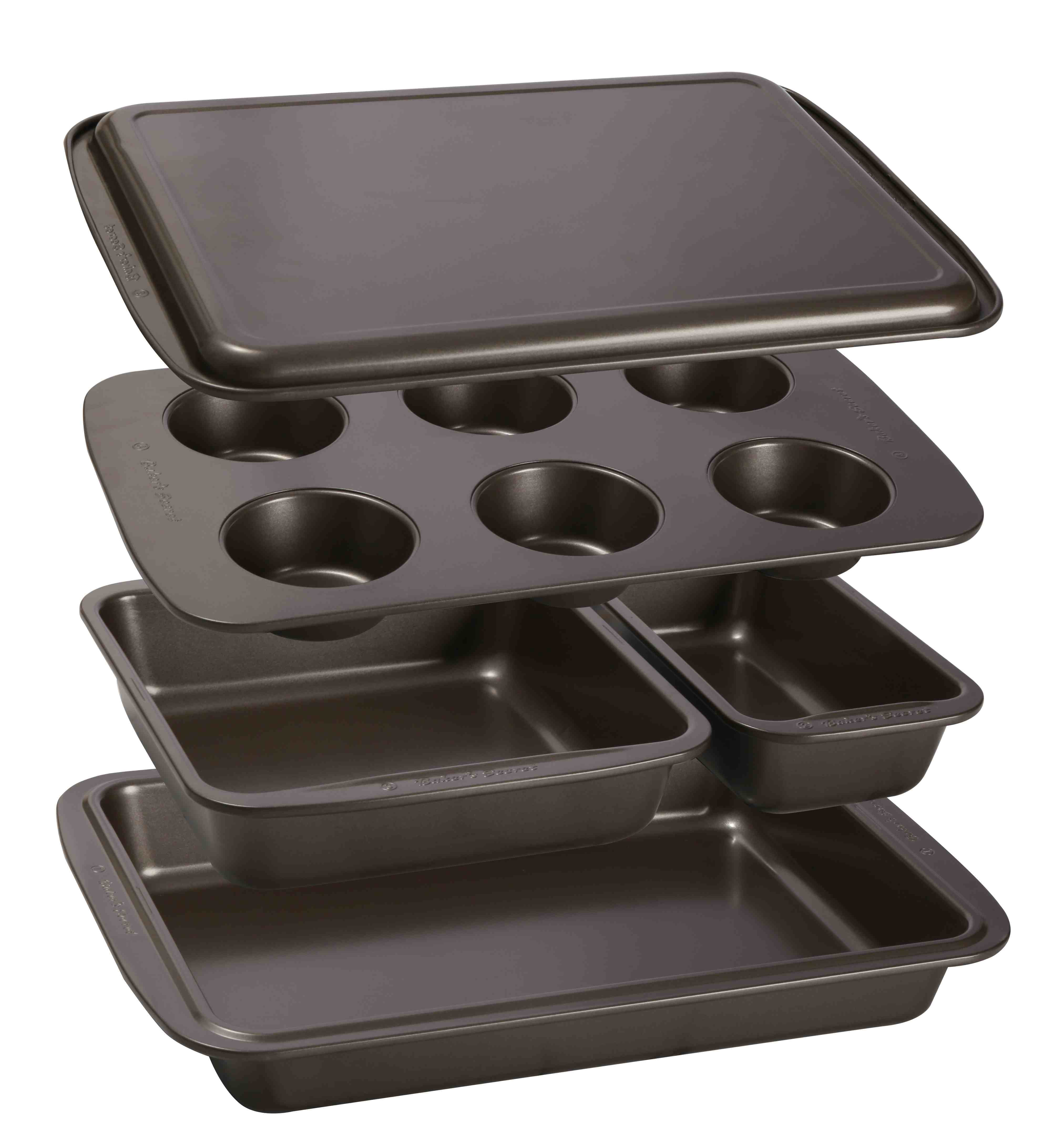 Bakers Secret 5-Piece Nonstick Carbon Steel Bakeware Set with Loaf Pan, Square Cake Pan, 6 Cup Muffin Pan, Roaster Pan, Cookie Sheet, Gray