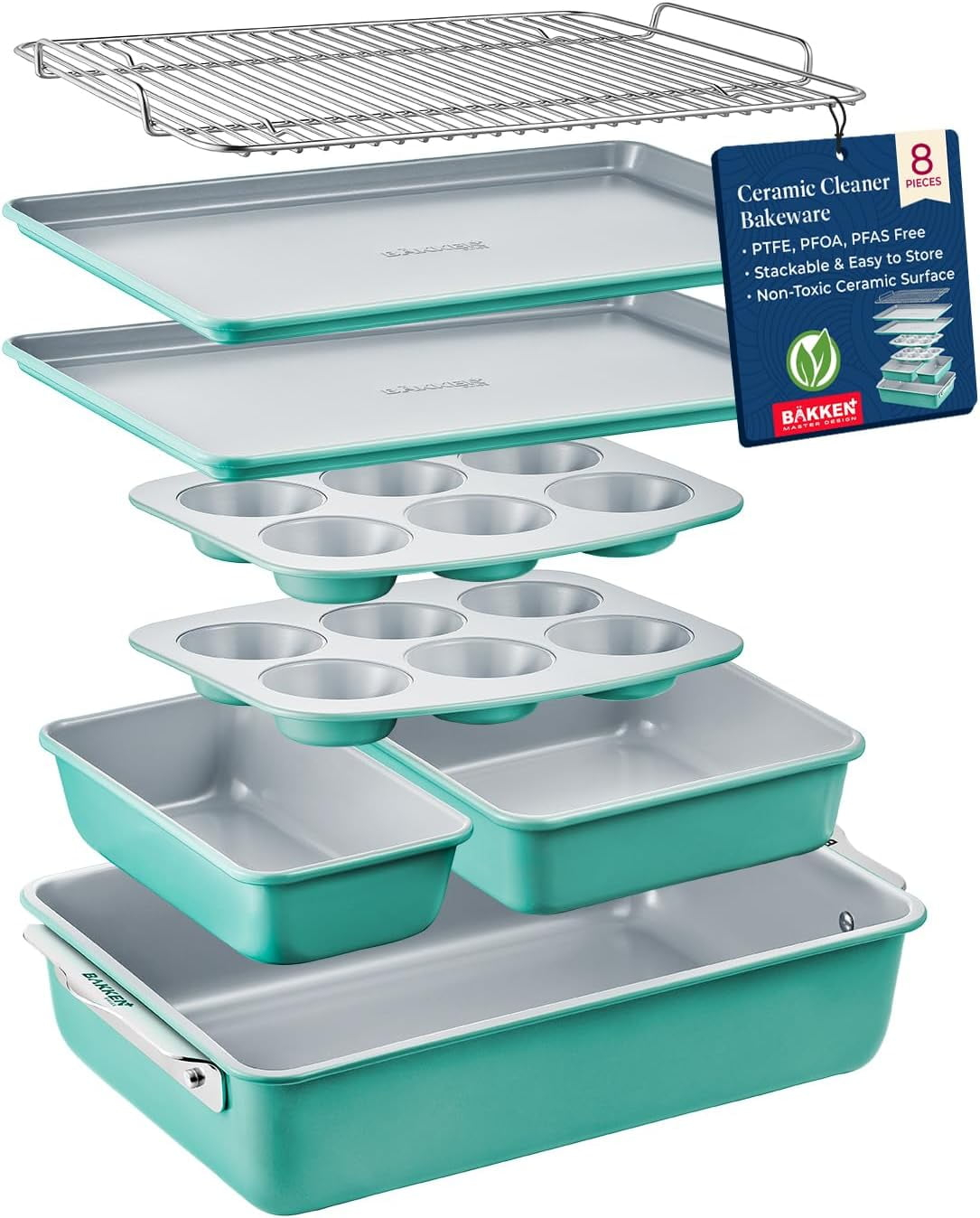 Bakken Swiss 8-Piece Stackable Bakeware Set - Ceramic Non-Stick Coating - TEAL
