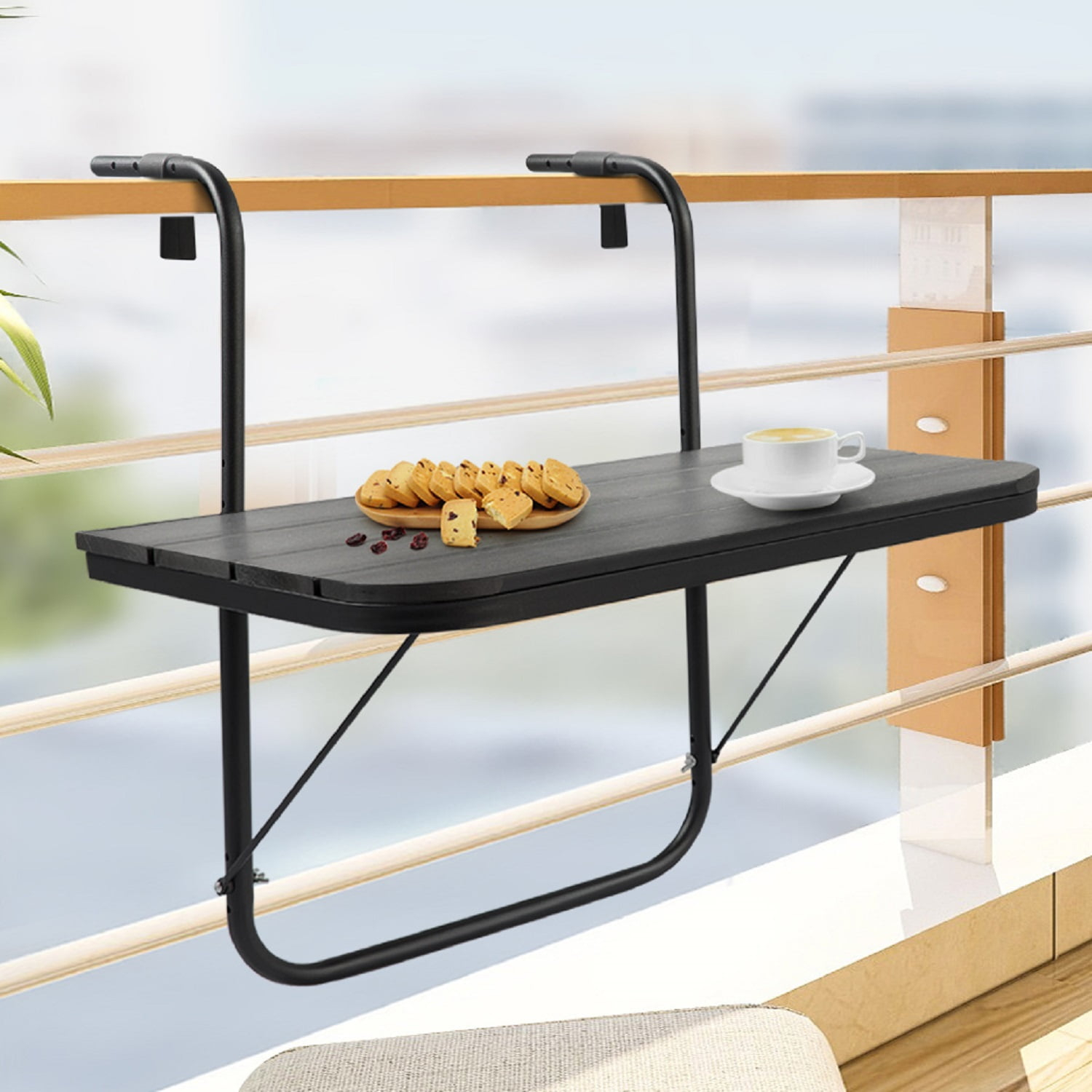 Balcony Table Hanging Deck Railing Table Outdoor Balcony Bar Table for Railings Folding Adjustable Black