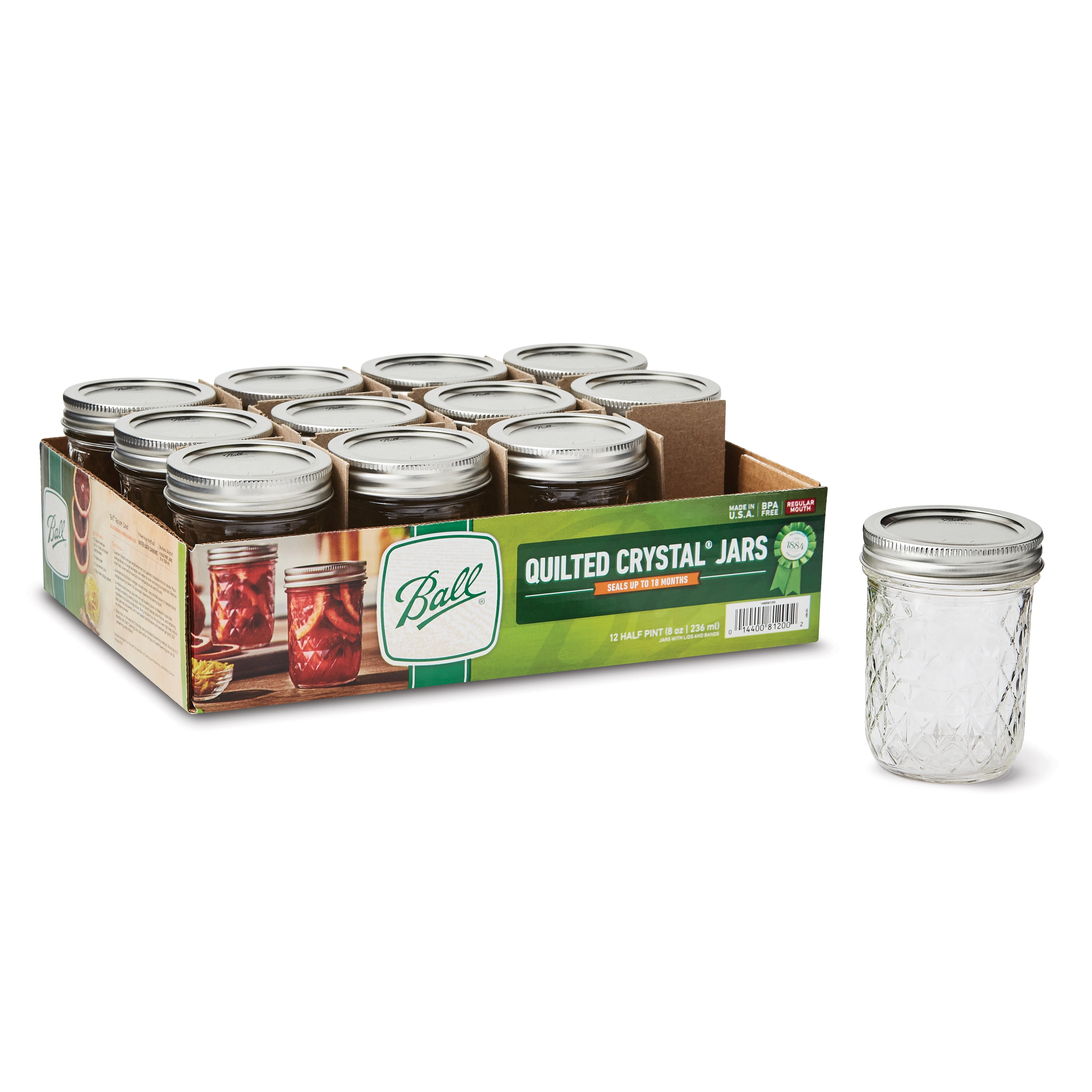 Ball Quilted Crystal Mason Jar w/ Lid & Band, Regular Mouth, 8 Ounces, 12 Count, 4 lb.