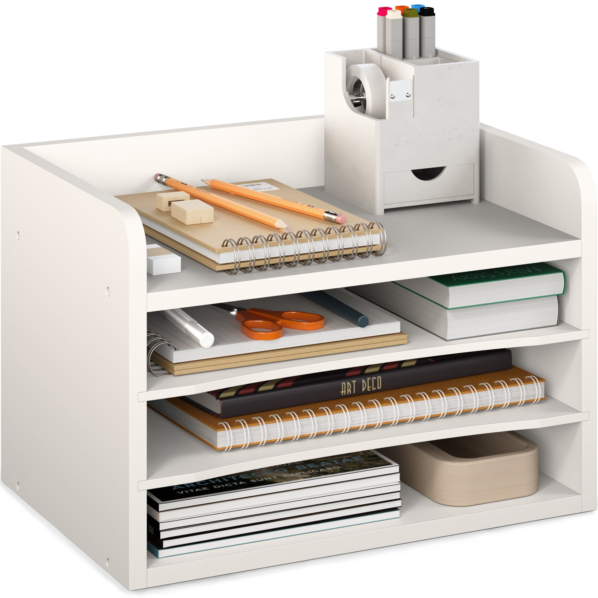 Ballucci 4-Tier Adjustable Desk Organizer Paper Sorter, Office Document Letter Tray, White