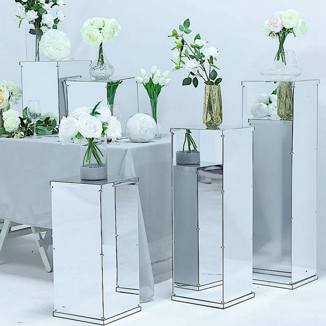 BalsaCircle 5 Silver Mirror Display Boxes Centerpieces Columns Pedestal Riser Party Wedding Decorations
