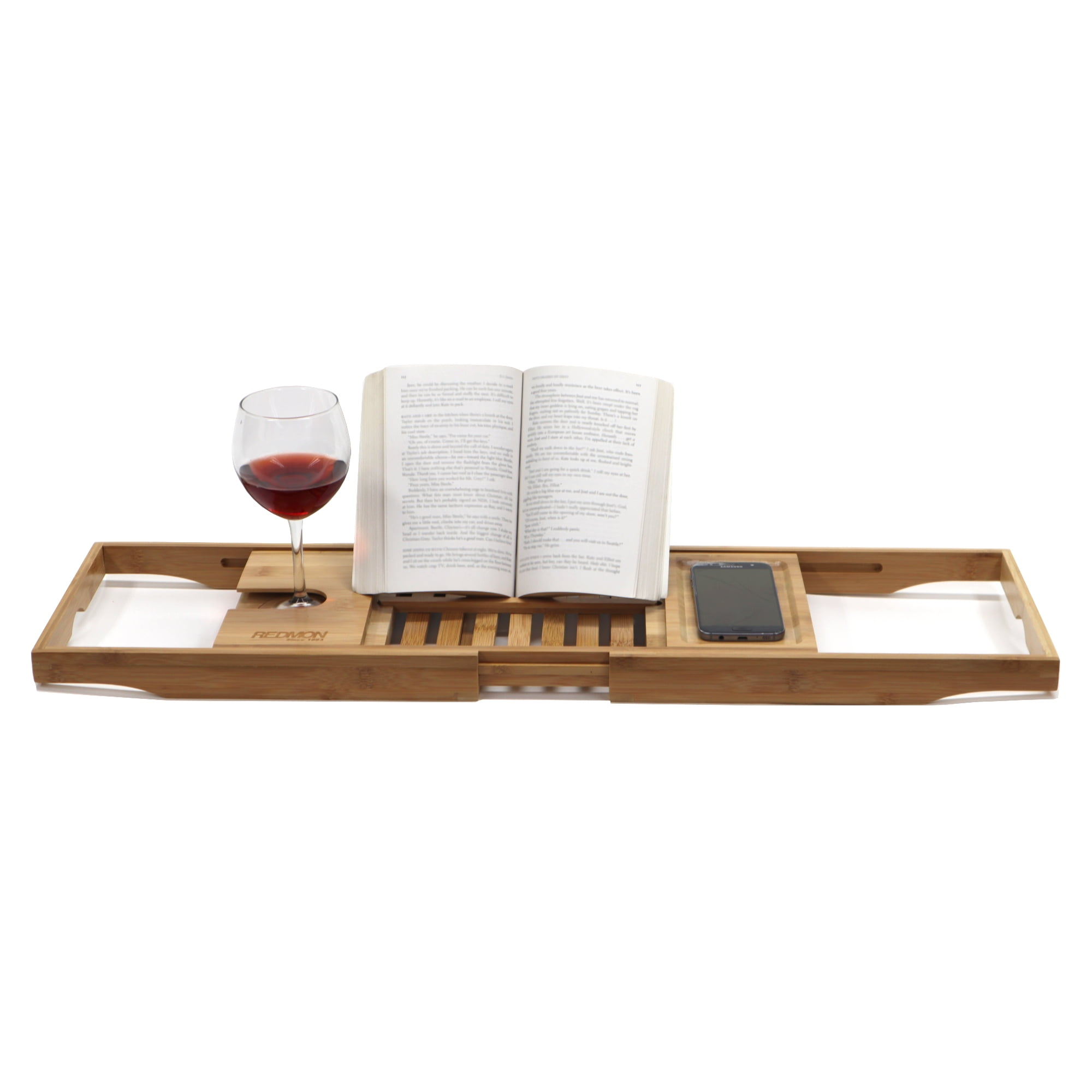 Bamboo Bath Caddy with Reader Stand and Wine Glass Holder, Adjustable Width to 41 Inches