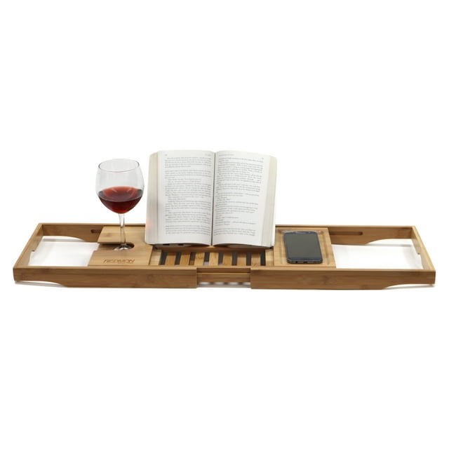 Bamboo Bath Caddy with Reader Stand and Wine Glass Holder, Adjustable Width to 41 Inches