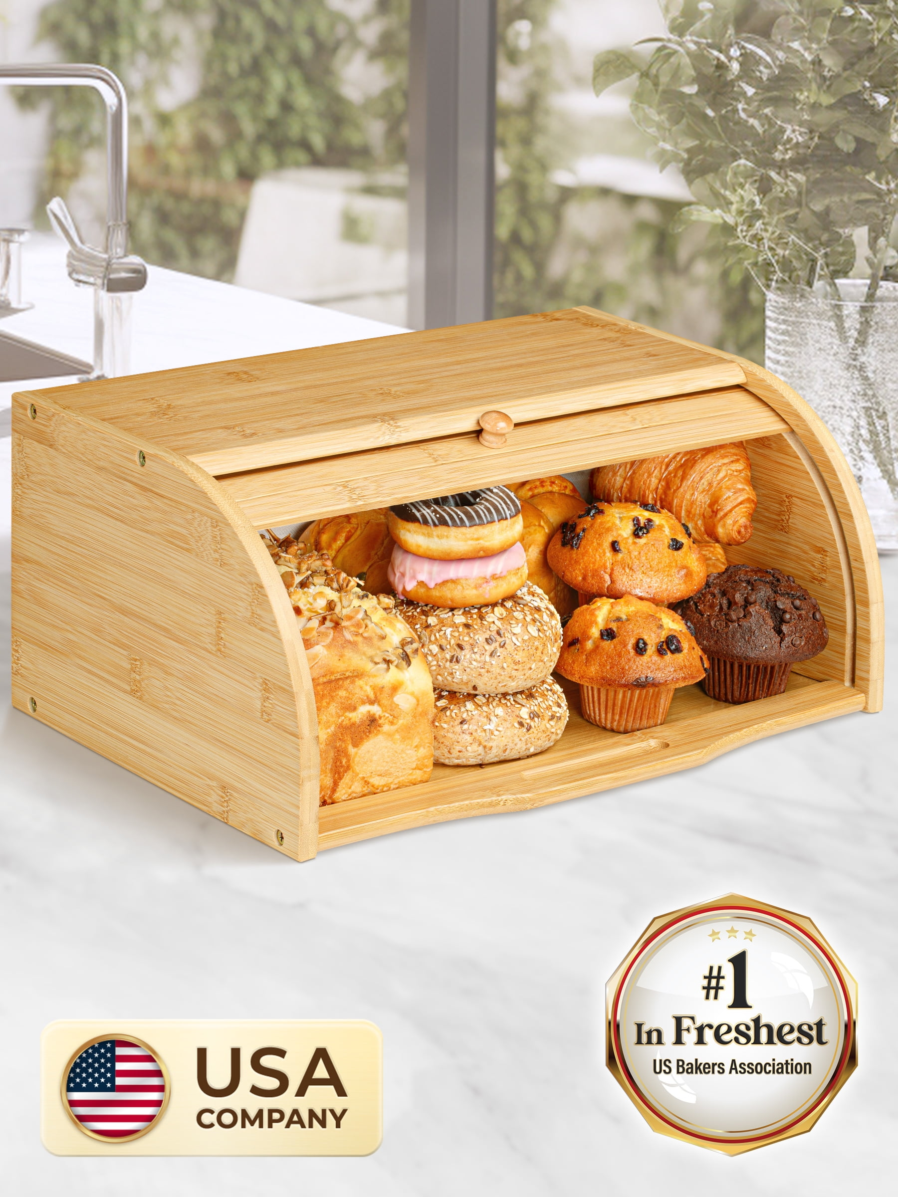 Bamboo Bread Box, Large Wooden Food Keeper for Kitchen Countertop , Storage Bin for Muffins & Bagels by Golden Nature