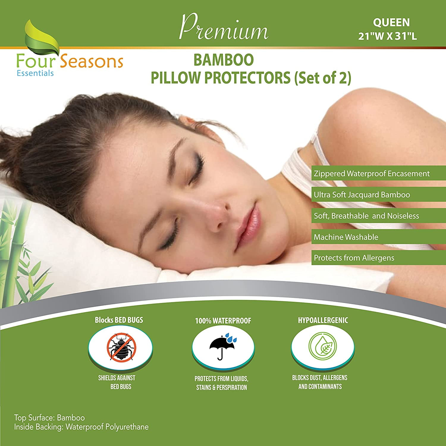 Bamboo Pillow Protectors King (Set of 2) – Pillow Cover Waterproof Hypoallergenic Dust Proof Zippered Encasement