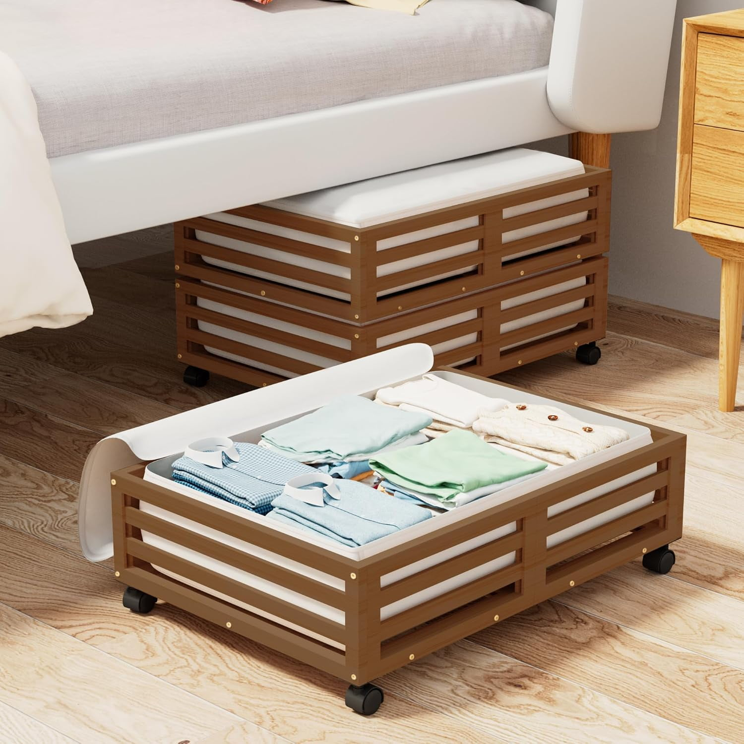 Bamboo Under Bed Storage Containers- Underbed Organizer with Wheels with Large Capacity Dust Bag,Sturdy Wood Rolling Under Bed Shoe Storage Organizer Drawer 2 Packs (Nature, Small)