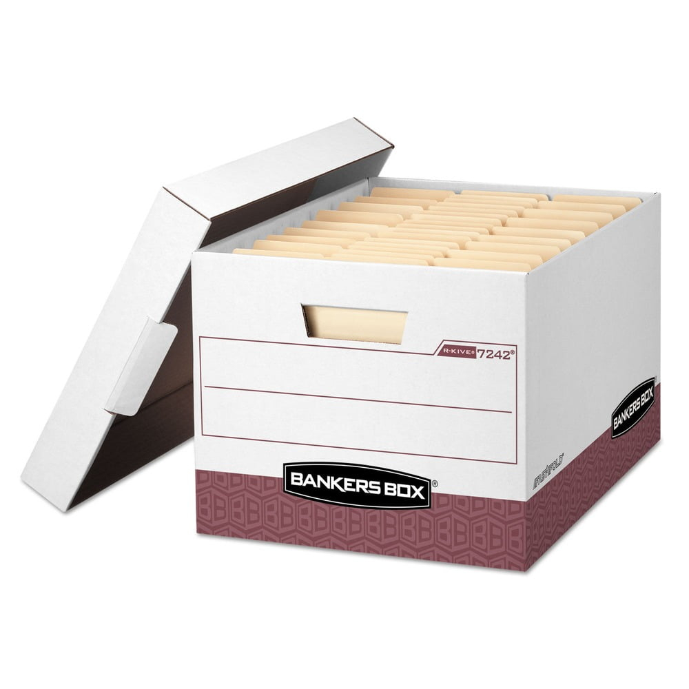 Bankers Box 07242 12.75 in. x 16.5 in. x 10.38 in. R-KIVE Heavy-Duty Letter/Legal Storage Boxes - White/Red (12/Carton)