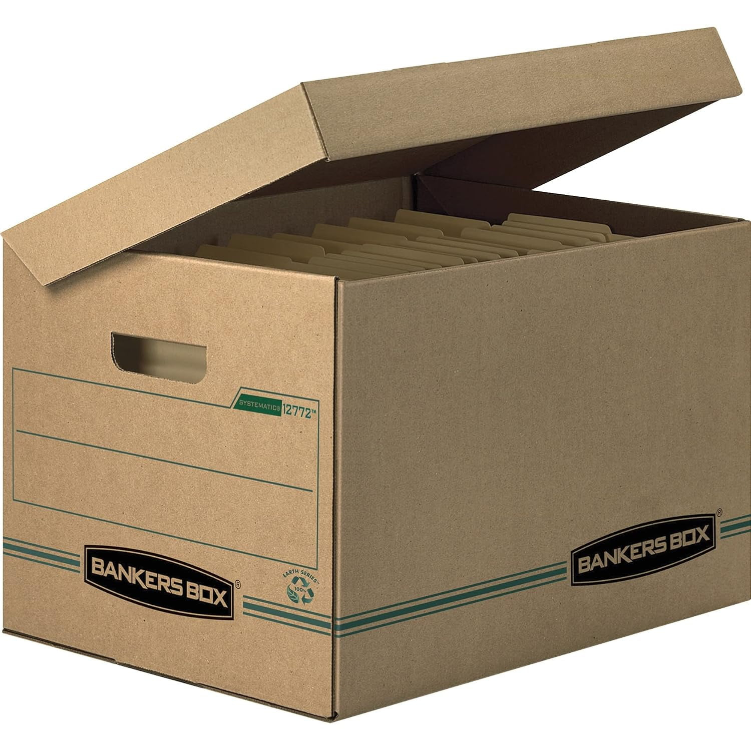 Bankers Box 12772 SYSTEMATIC Basic-Duty Attached Lid Letter/Legal Storage Boxes - Kraft/Green (12/Carton)