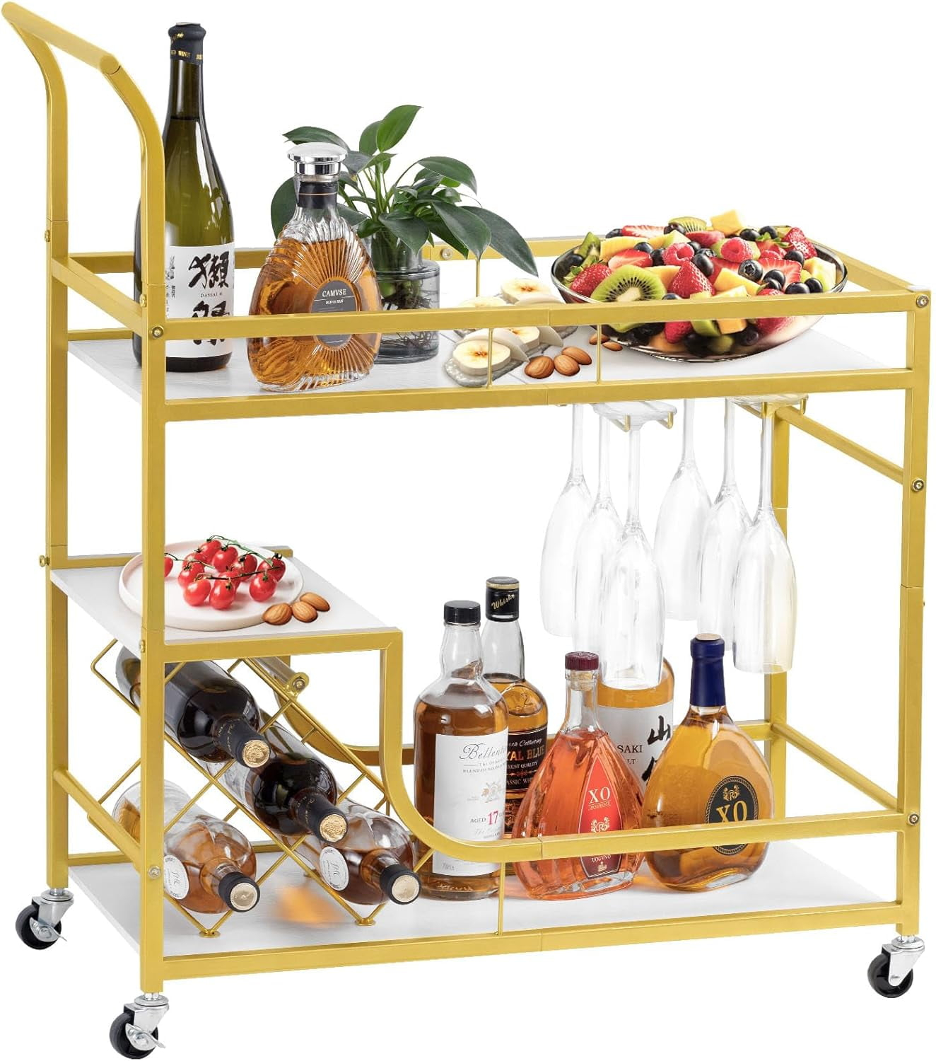 Bar Cart, Bar Serving Cart with Wheels, 2 Tier Bar Carts for The Home Kitchen Dining Room with Wine Rack and Glass Holder (Gold)