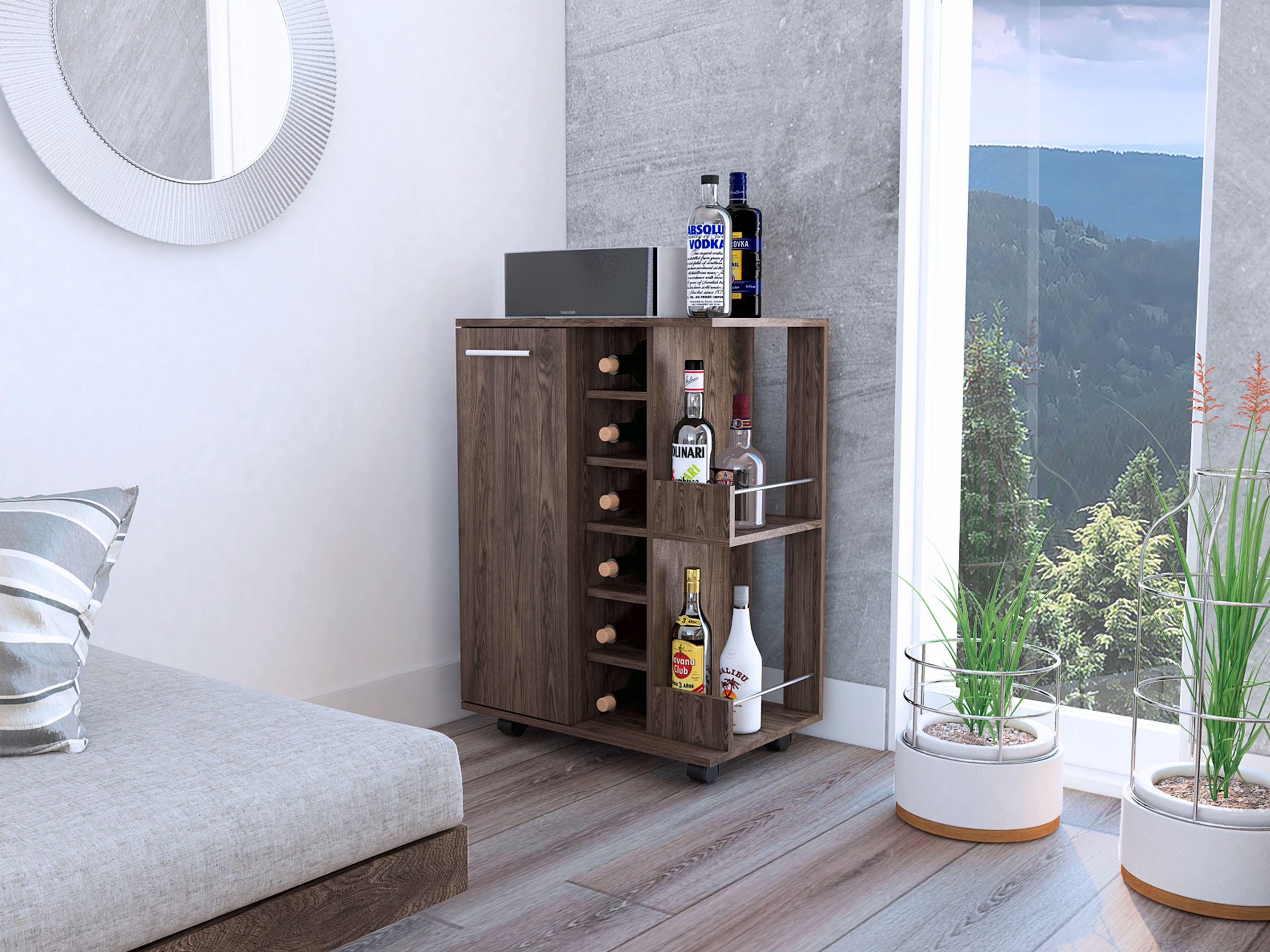 Bar Cart, Two External Shelves, Four Casters, Six Built-in Wine Rack, Single Door Cabinet Dark Walnut
