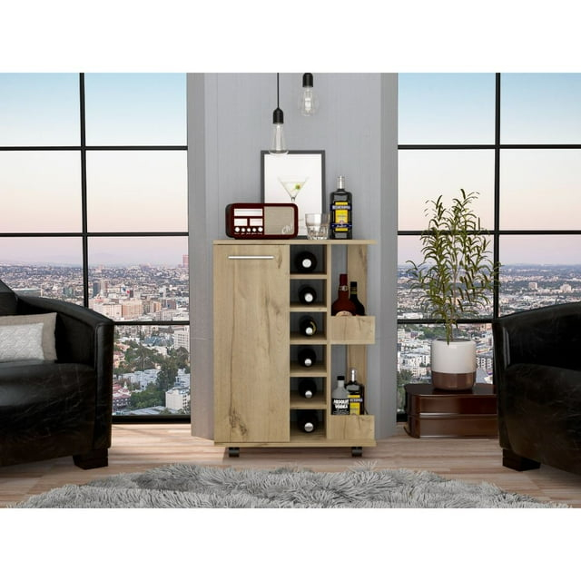Bar Cart, Two External Shelves, Four Casters, Six Wine Cubbies, Single Door Cabinet