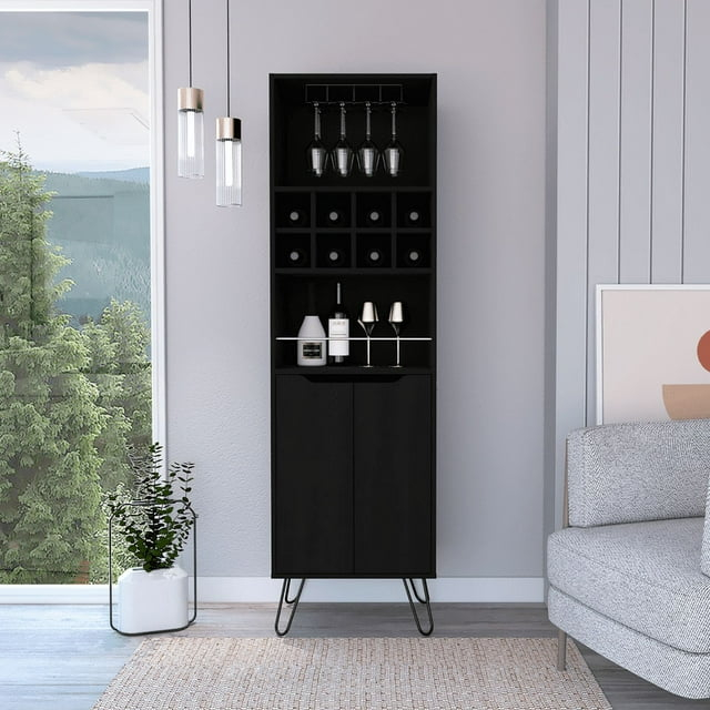 Bar Double Door Cabinet 8 Built in Wine Rack 4 Legs 4 Shelves Black