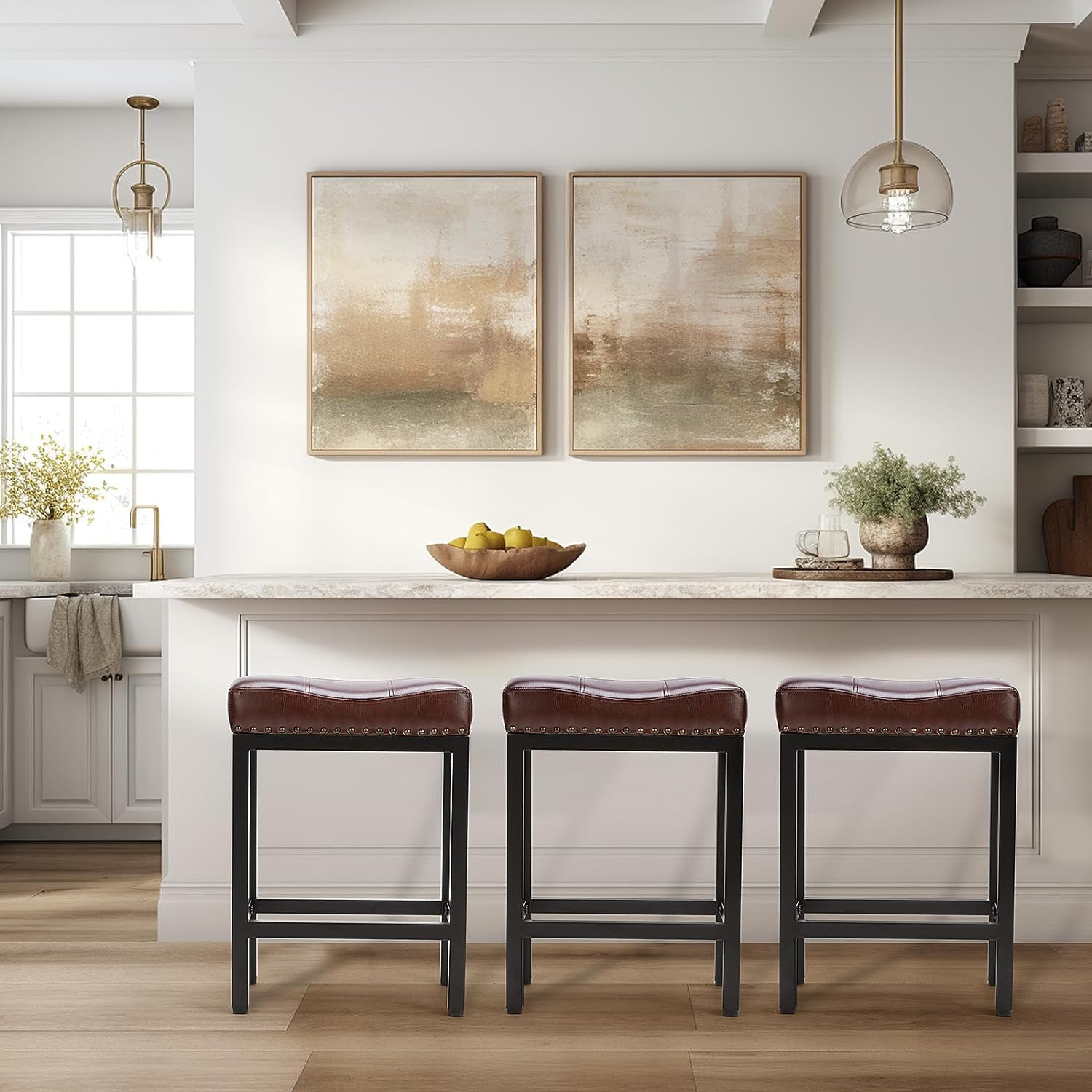Bar Stools Set of 2, 24 inch Counter Height Bar Stools, Upholstered Modern Kitchen Barstools with Metal Base, PU Leather Saddle Stools for Kitchen Island, Black