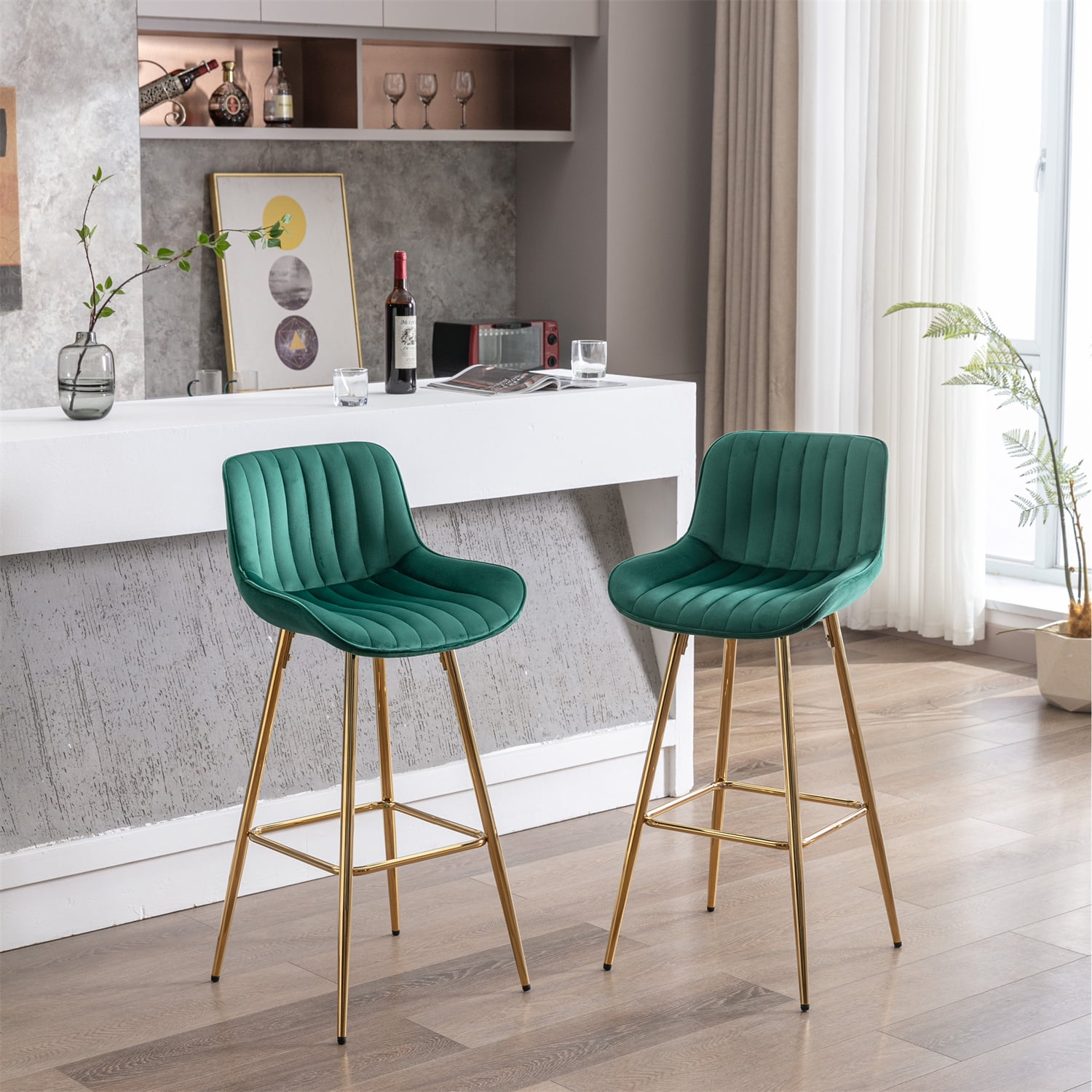 Bar Stools Set of 2, 30 Inch Hight Dining Chairs with Chrome Footrest, 2-Piece Velvet Fabric Counter Stools with Golden Legs, Modern Accent Armless Chairs for Living Room Dining Room Office, Green