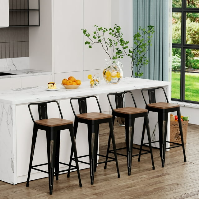 Bar Stools Set of 4 Bar Height Metal Barstools with Wood Seat Low Back Kitchen Bar Chairs