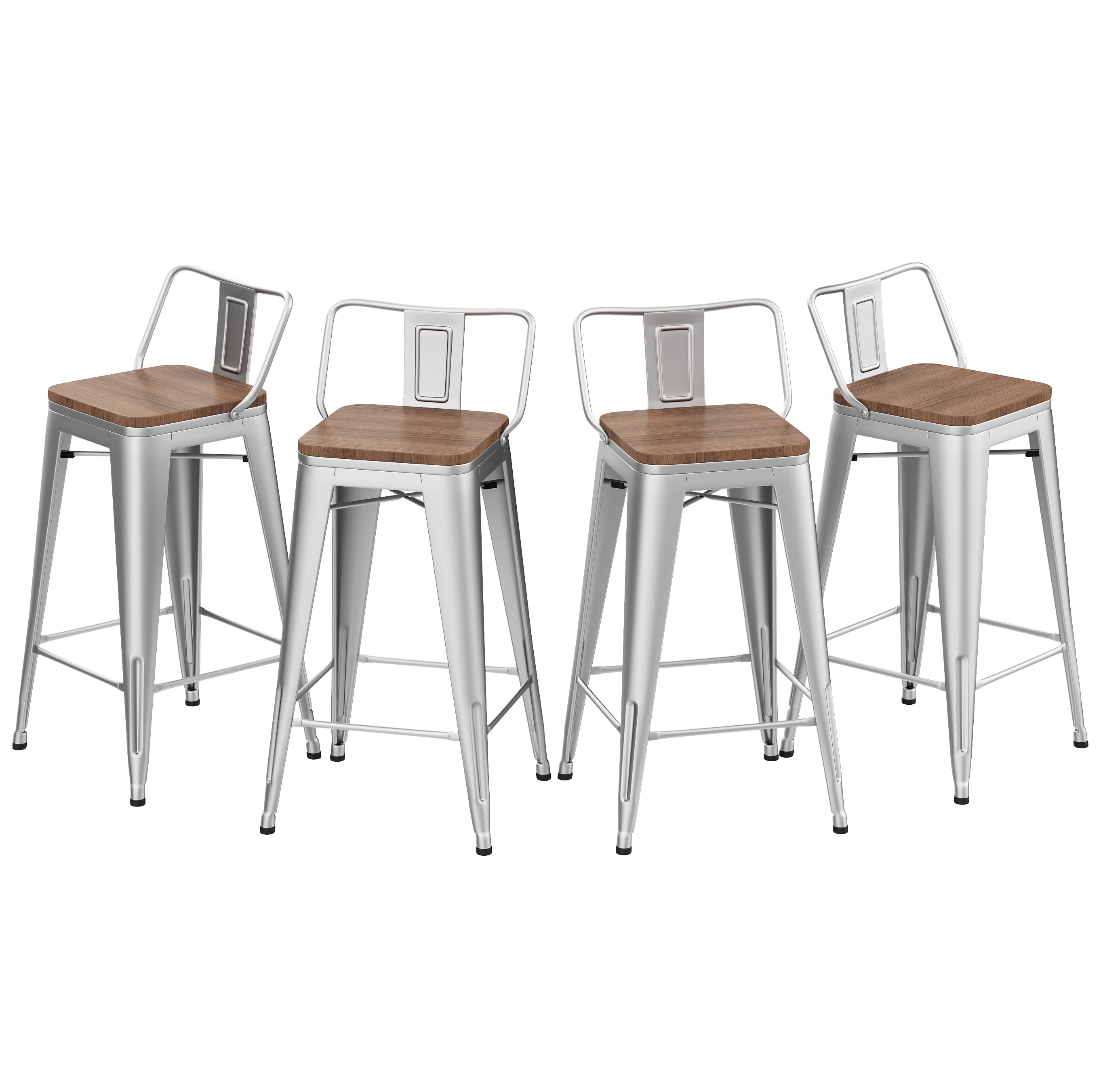 Bar Stools Set of 4 Bar Height Metal Barstools with Wood Seat Low Back Kitchen Bar Chairs