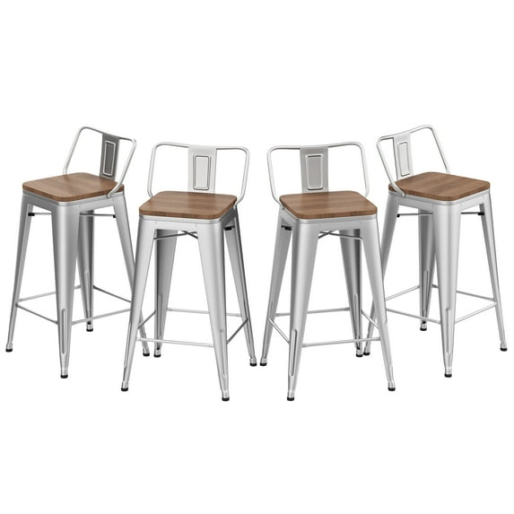 Bar Stools Set of 4 Bar Height Metal Barstools with Wood Seat Low Back Kitchen Bar Chairs