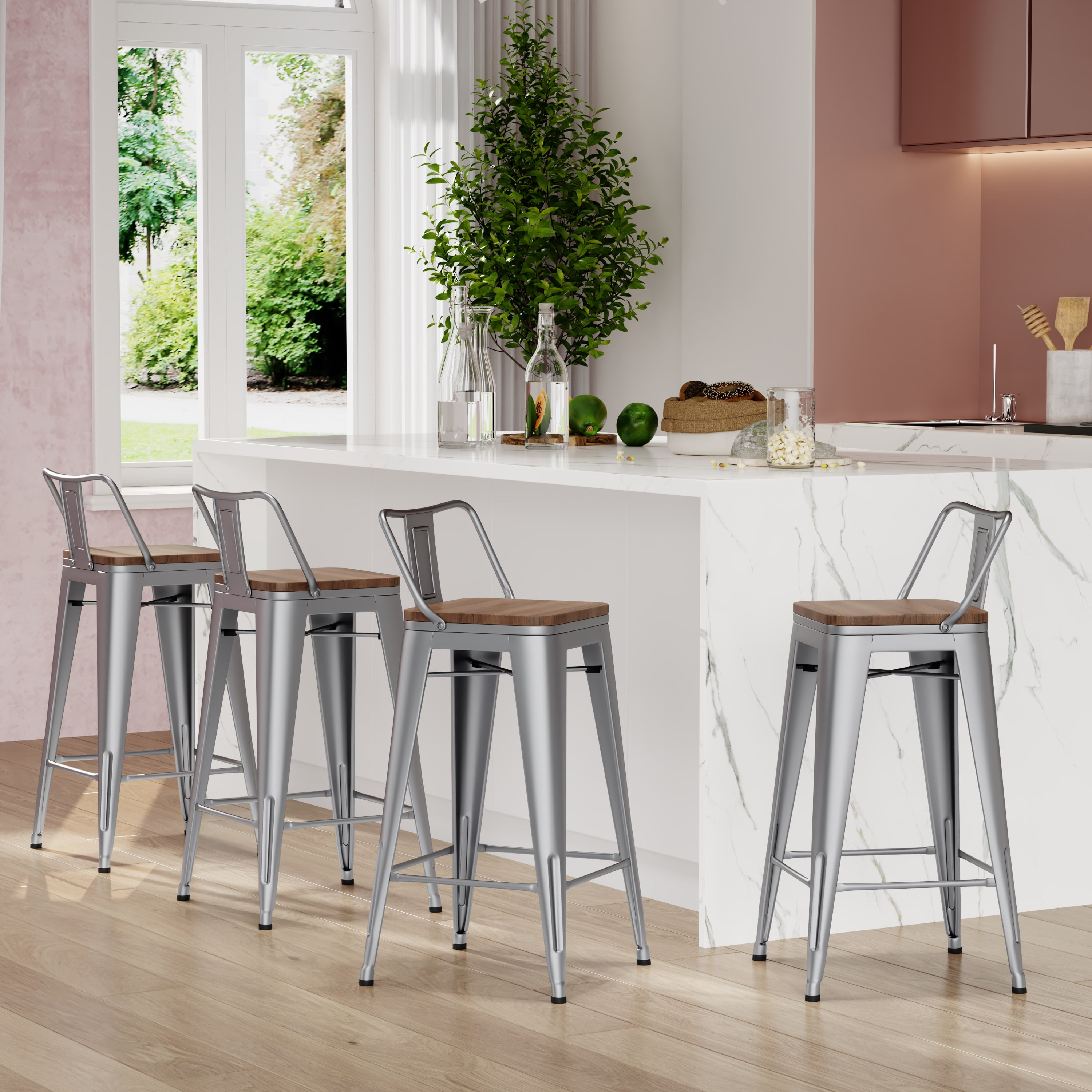 Drevy 26" Metal Counter Height Bar Stools Set of 4 Industrial Backless Kitchen Patio Counter Stool Stackable Barstools Wood Top-Silver
