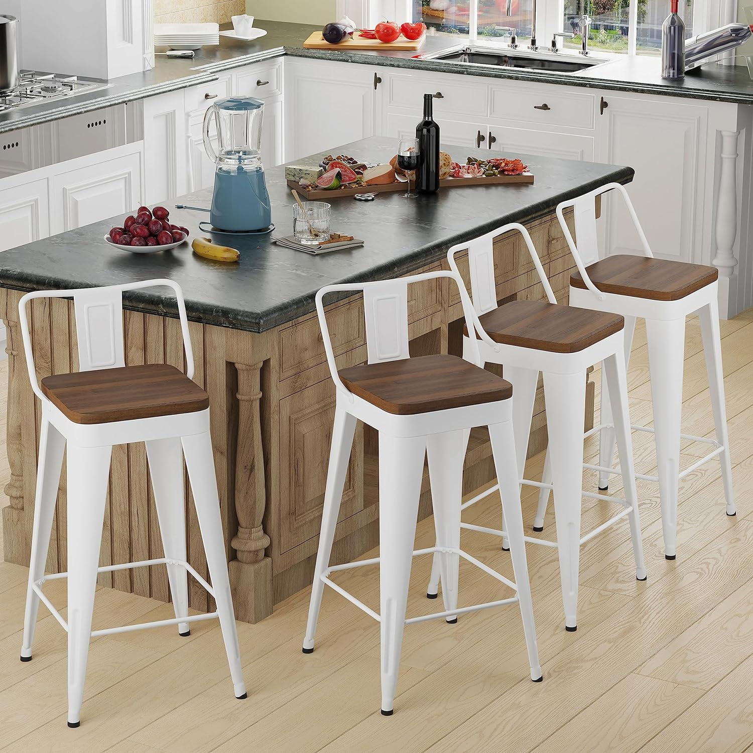 Bar Stools Set of 4 Metal Bar Stool Counter Height Bar Stools White, Modern Bar Chairs with Back and Wooden Platform 30" Bar Stools Counter Height