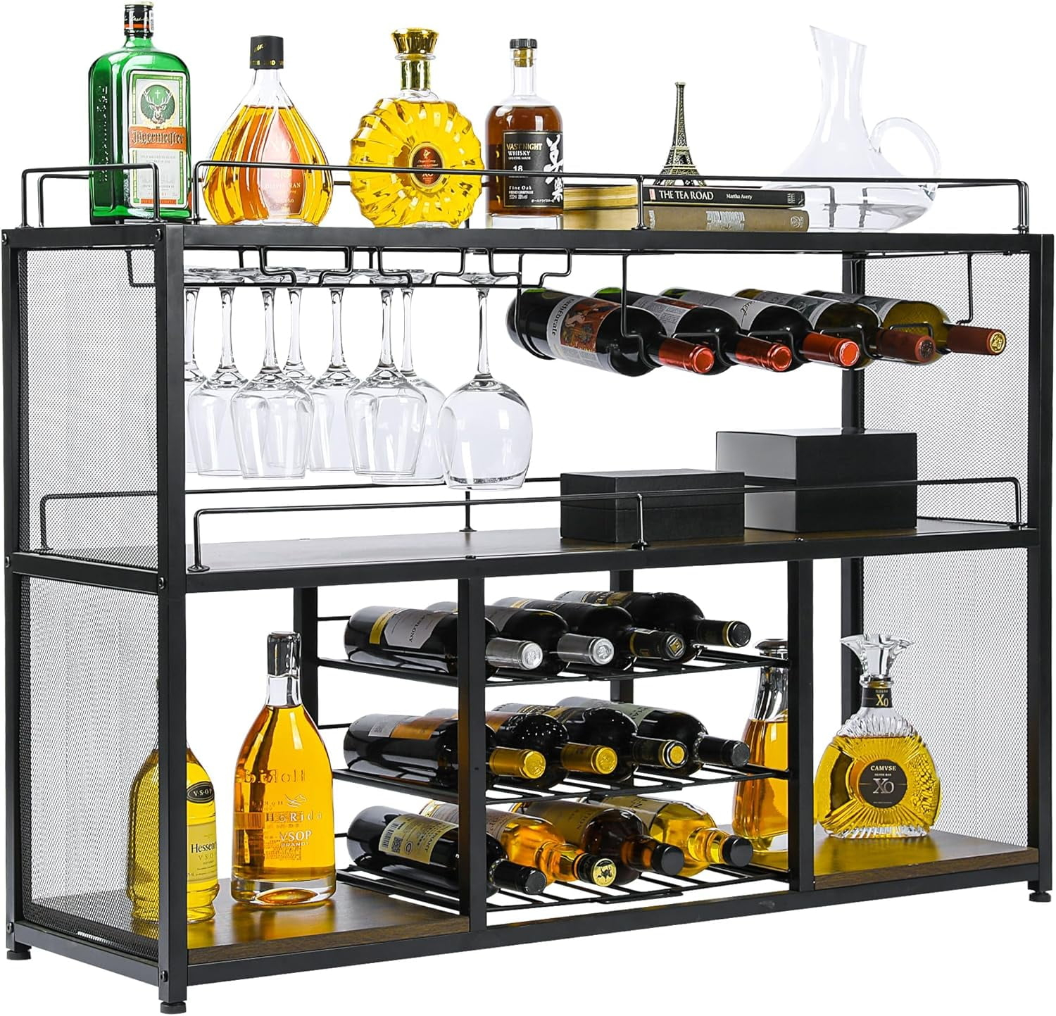 Bar Table Cabinet, Industrial Wine Coffee Bar Liquor Cabinet Freestanding, Farmhouse Storage Display Cabinet with Glass Holder & Sliding Wine Racks (Black)