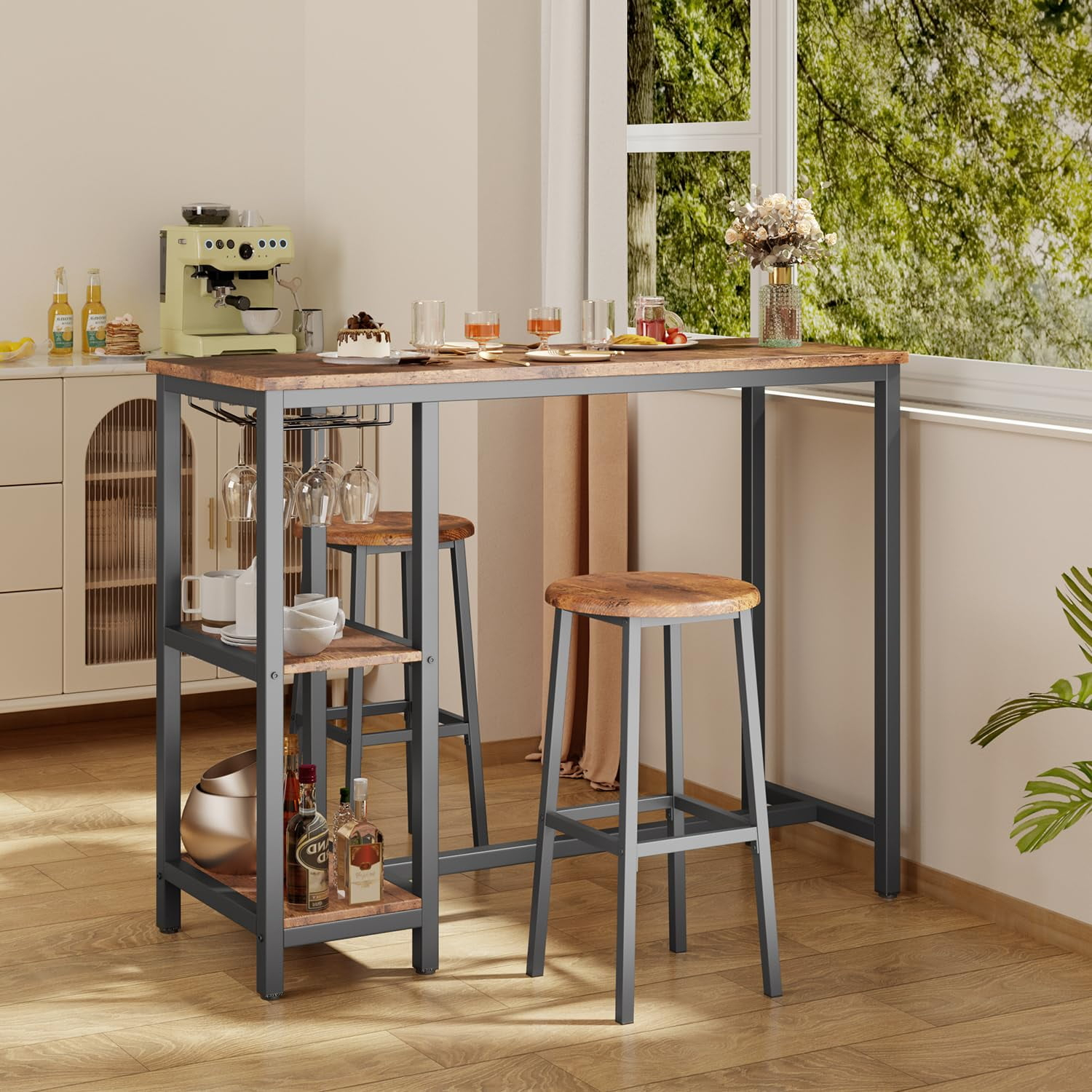 Juego de Mesa y Sillas de Cocina para 2, Mesa de Comedor Lofka con Estante de Almacenamiento para Guardar Pañuelos y Tazas, 300 Libras, Gris