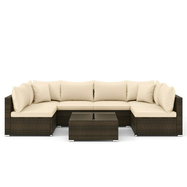 Topcobe 7 Pieces Patio Rattan Furniture Set with Sectional Sofa Cushions, Outdoor Patio Furniture-Beige