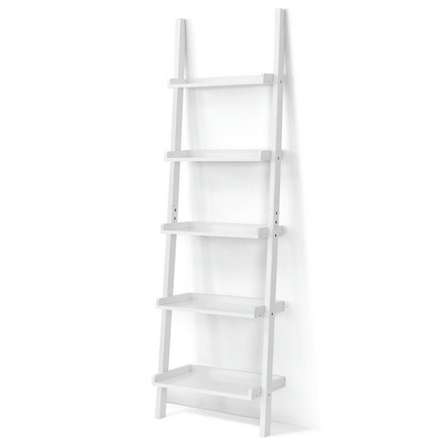 Kepooman Bookcase, Bookshelf, Display Storage Rack Shelf, 5-Tier Wall-leaning Ladder Shelf Display Rack for Plants and Books-White