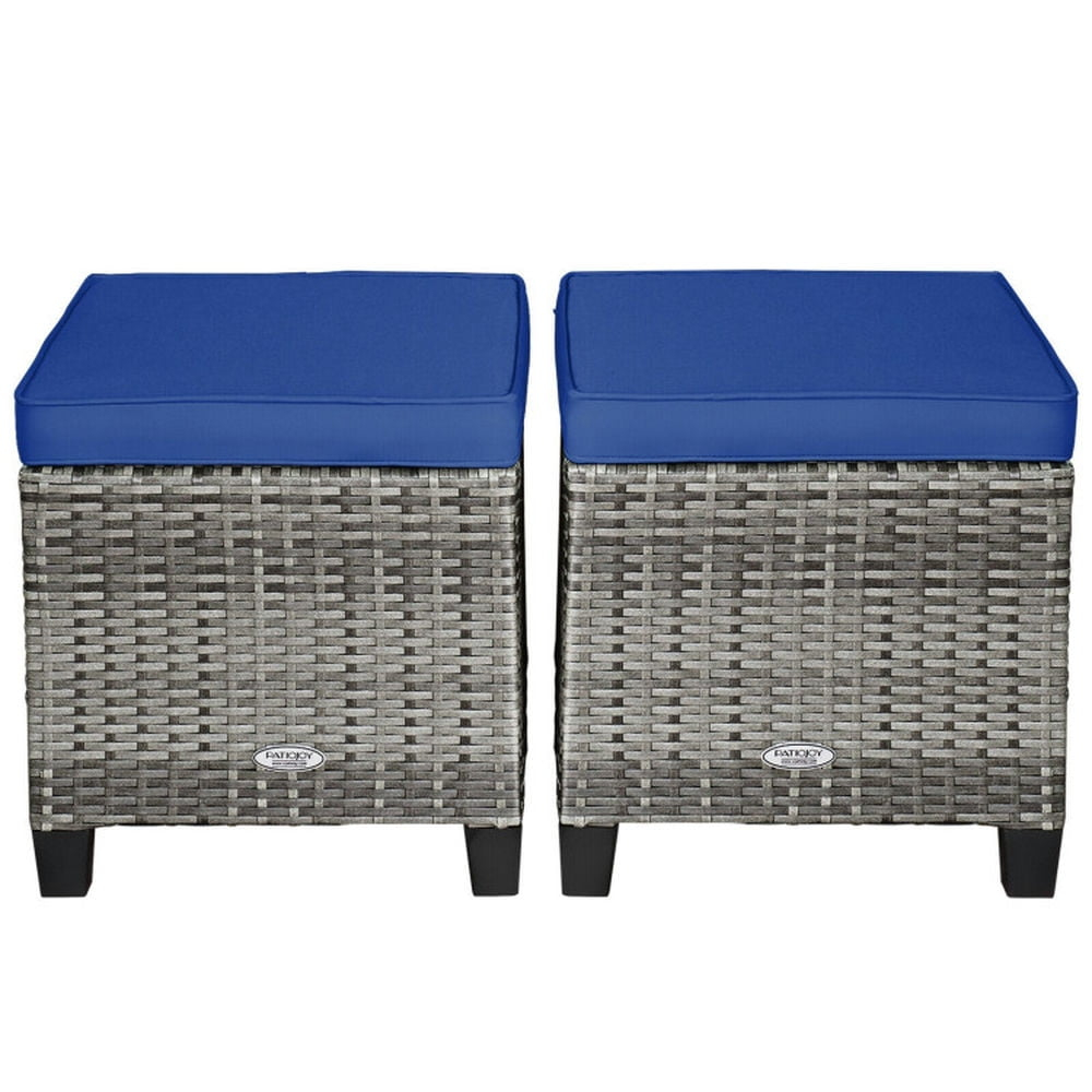 Topcobe 2 Pieces Patio Rattan Ottoman Seat with Removable Cushions, Outdoor Patio Furniture-Navy