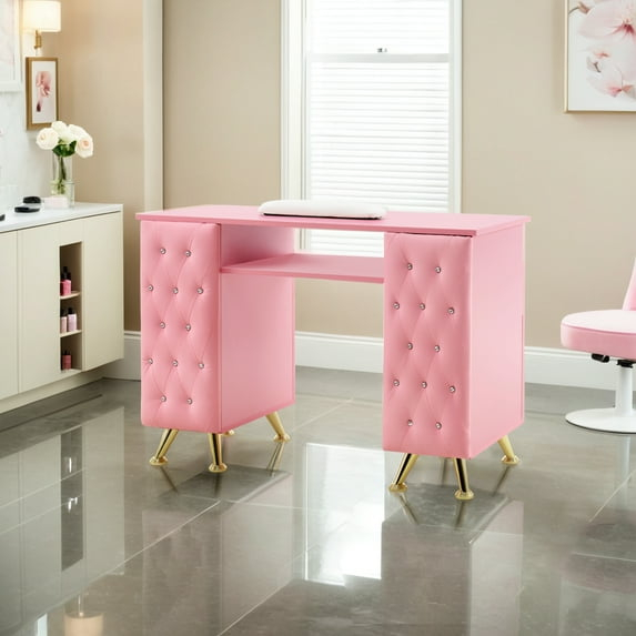 BarberPub Rectangular Manicure Table, Pink Nail Desk Storage Equipment with Drawer, 2671