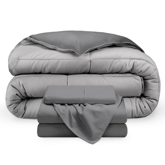 Bare Home 4-Piece Reversible Bed-in-a-Bag - Premium 1800 Collection - Twin XL, Light Gray/Gray Comforter with Gray Sheet Set