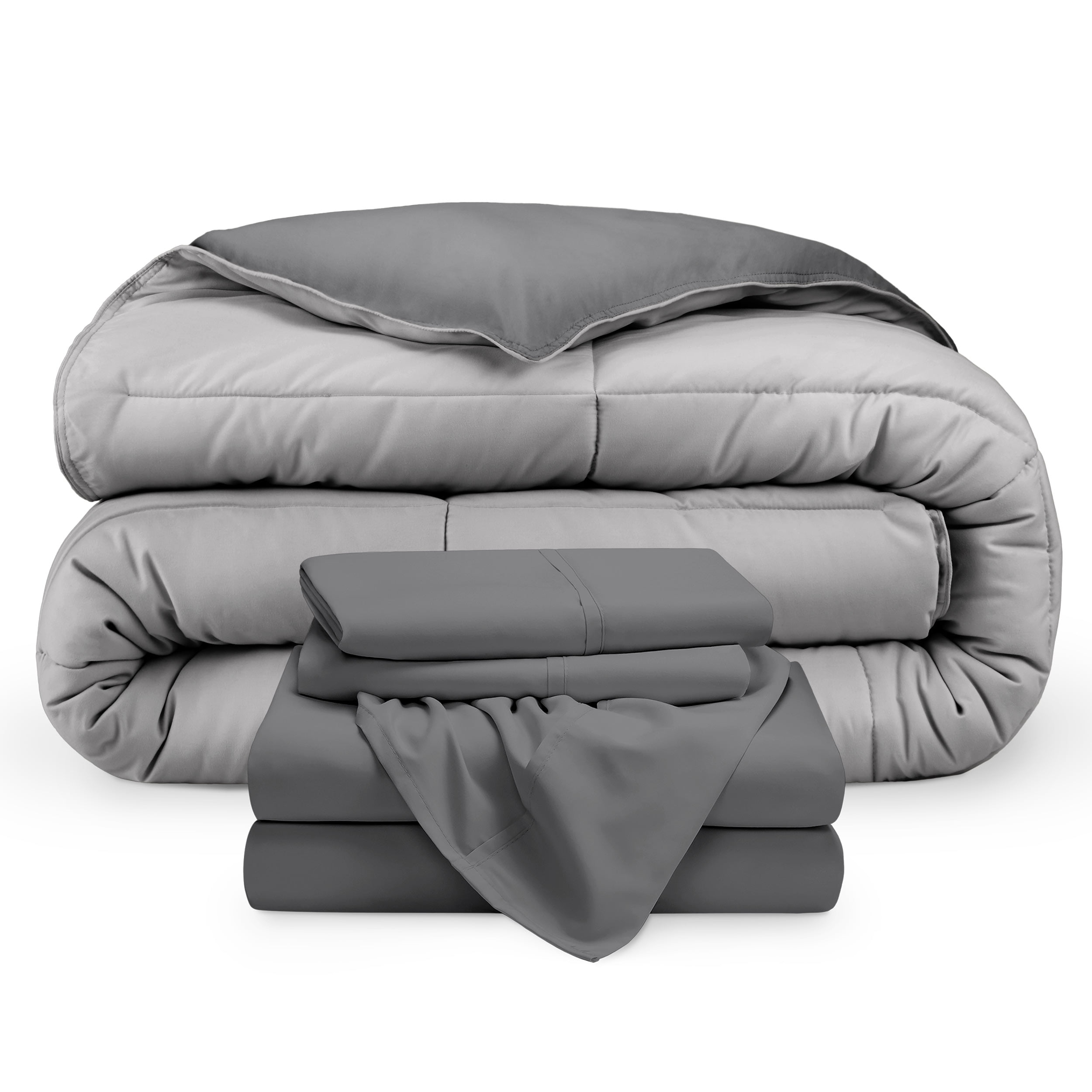 Bare Home 5-Piece Reversible Bed-in-a-Bag - Premium 1800 Collection - Split Head Flex King, Light Gray/Gray Comforter with Gray Sheet Set