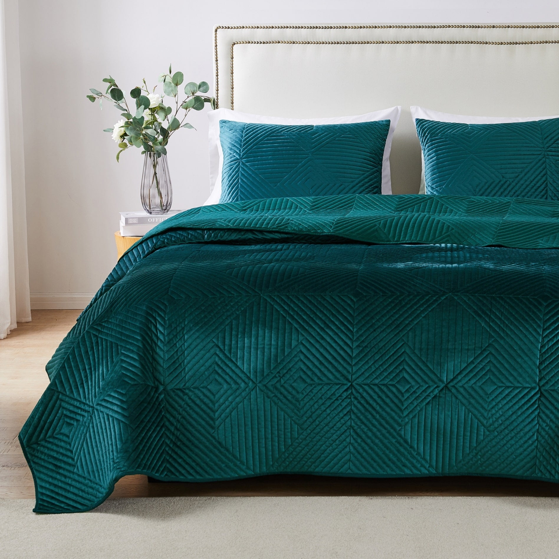 Barefoot Bungalow  Riviera Velvet Modern Quilt and Pillow Sham Set Teal King - Cal King 3 Piece