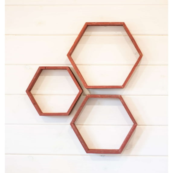 BarnwoodUSA Rustic Farmhouse, Set of 3, Rustic Red Floating Wood Hexagon Wall Shelves