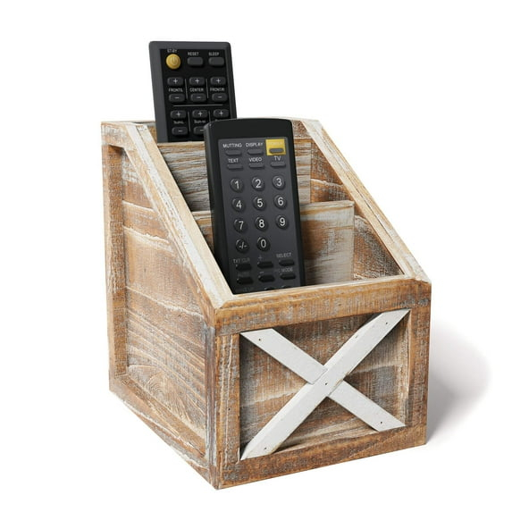 Barnyard Designs Rustic Vintage Wooden Desk Organizer Remotes Caddy Tabletop Desktop Office Supplies Desk Accessories Holder, 6.75" x 6.5” (White/Brown)