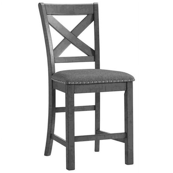 Barstool with Wooden X Shaped Back and Fabric Seat, Set of 2, Gray