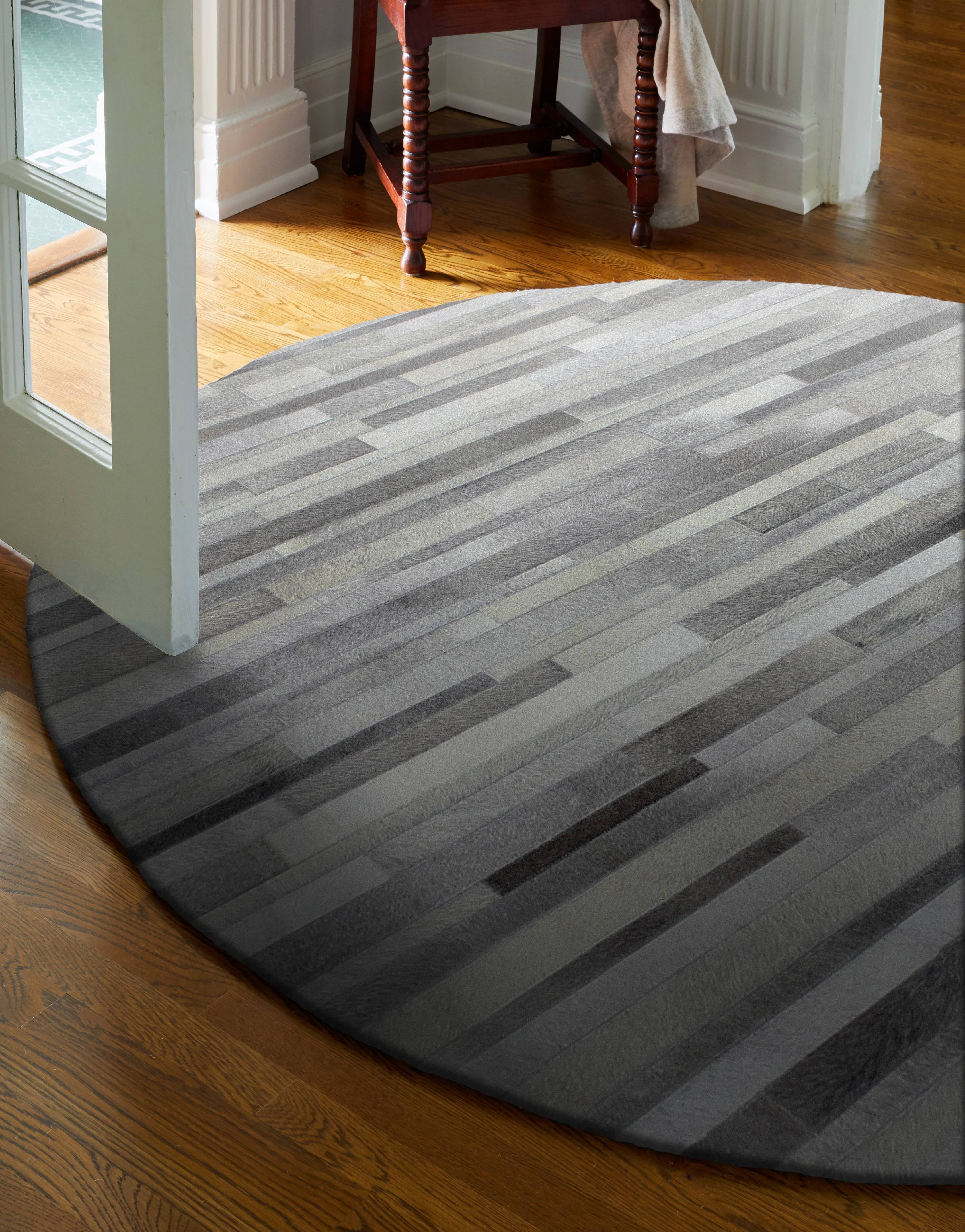 Santa Fe Collection Striped Contemporary Leather Hand Stitched Round Area Rug - Grey - 6 ft.