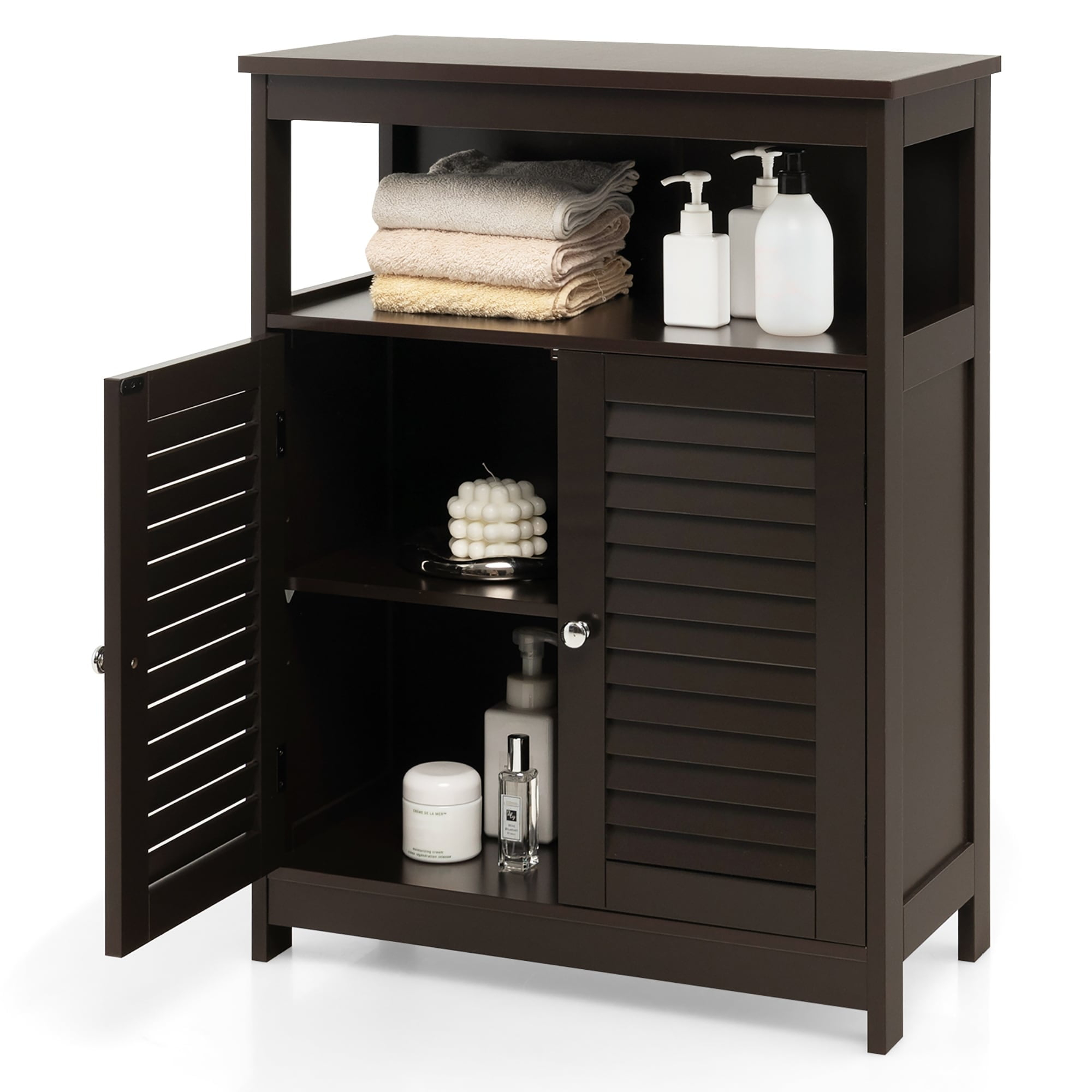 Bathroom Floor Cabinet Wooden Freestanding Storage Cabinet Brown