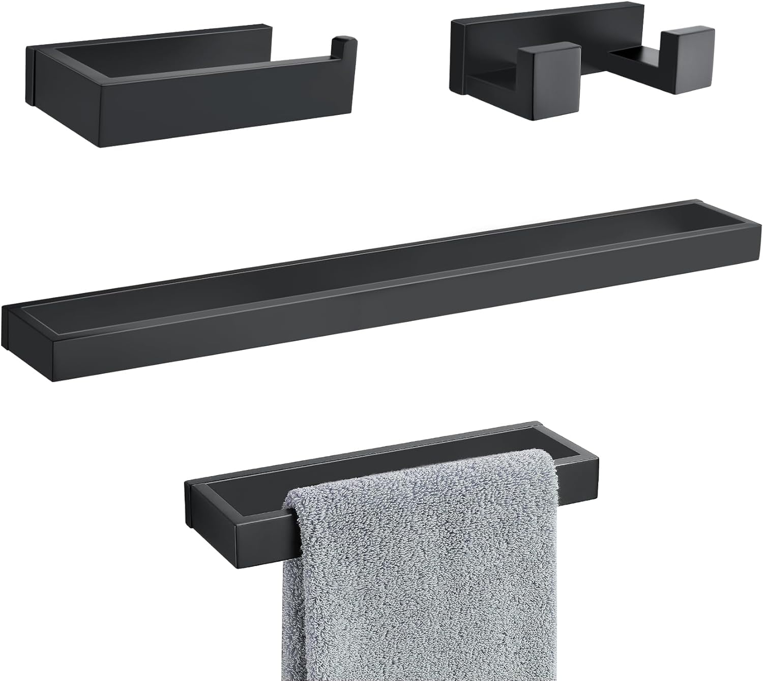 TNOMS 4 Pieces Bathroom Hardware Accessories Set Black Towel Bar Towel Holder Robe Hook Toilet Paper Holder Stainless Steel,Q8-P4BK