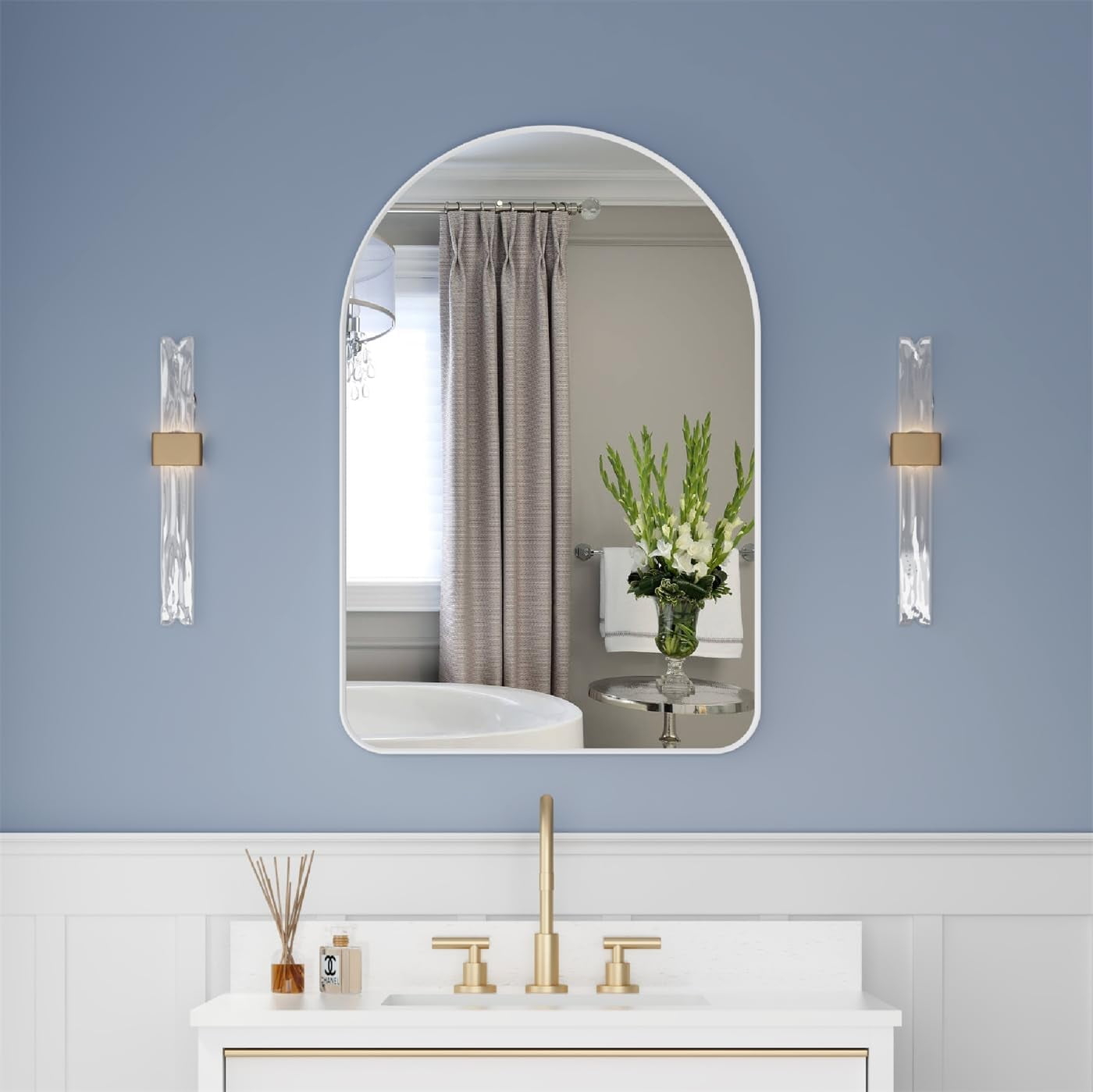 Arched White Bathroom Mirror,24 x 36 Inch Arch Wall Mirror with Wood Frame,Vanity Modern Tempered Glass Mirror for Bedroom,Entryway,Living Room